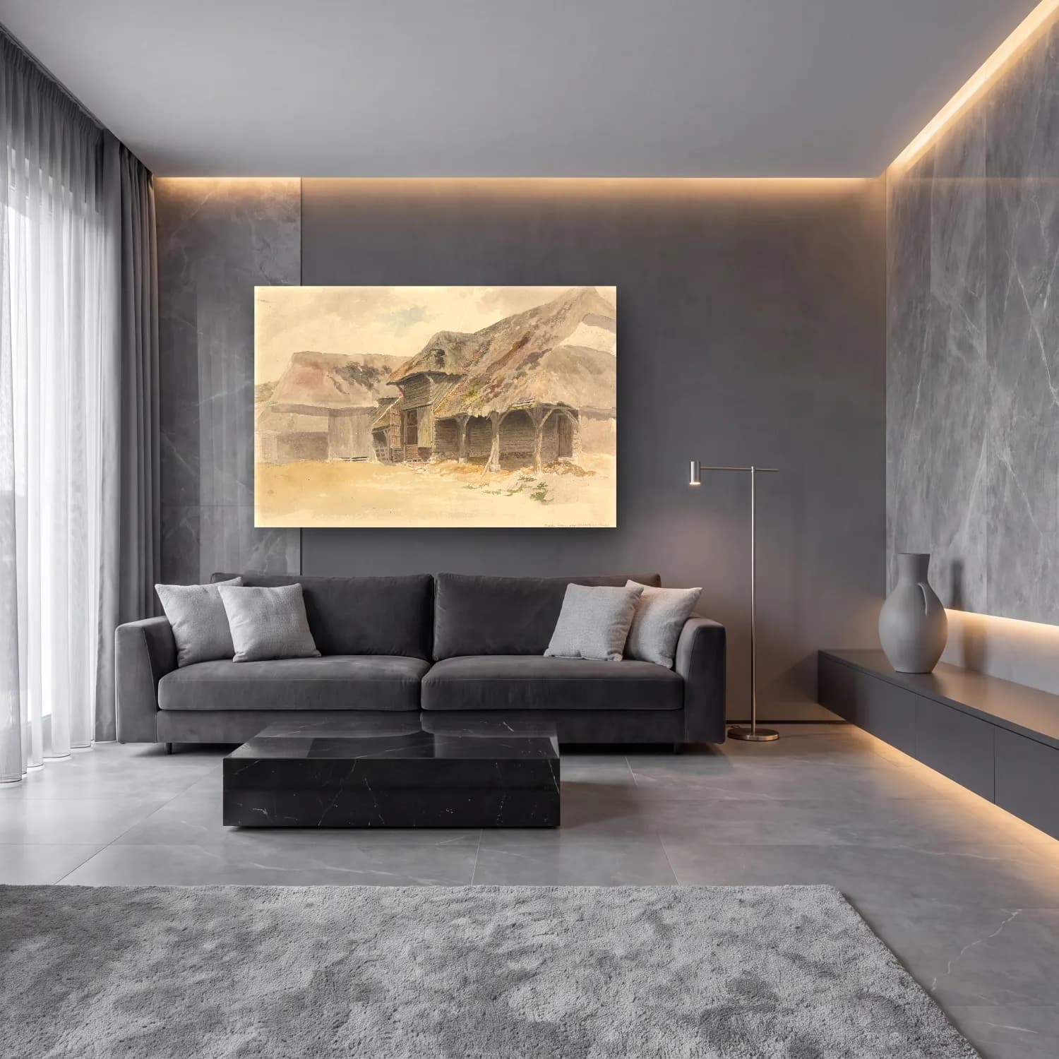 Suluboya Kır Evi No. 21 cam tablo — lüks salon duvarında