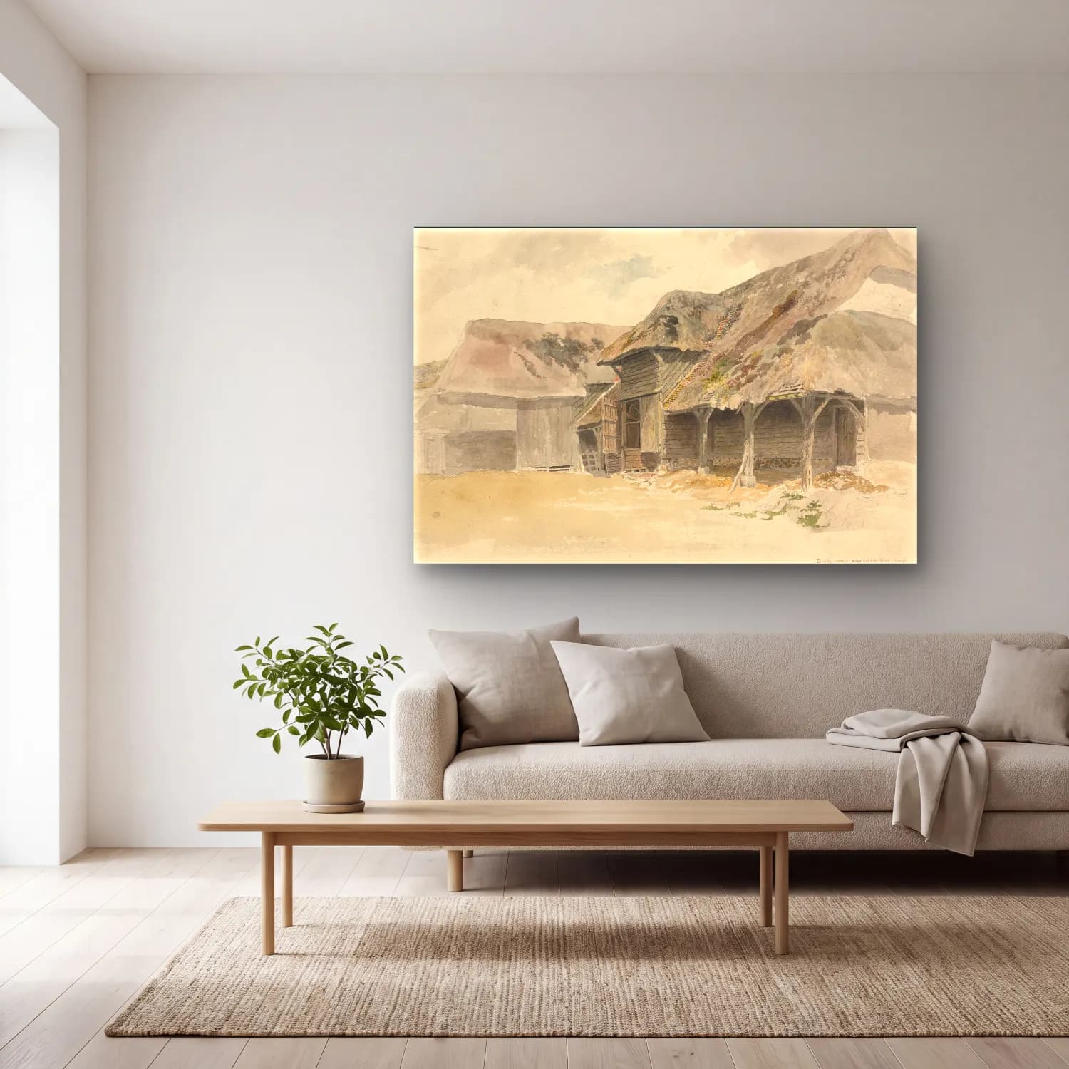 Suluboya Kır Evi No. 21 cam tablo — açık renk salonda