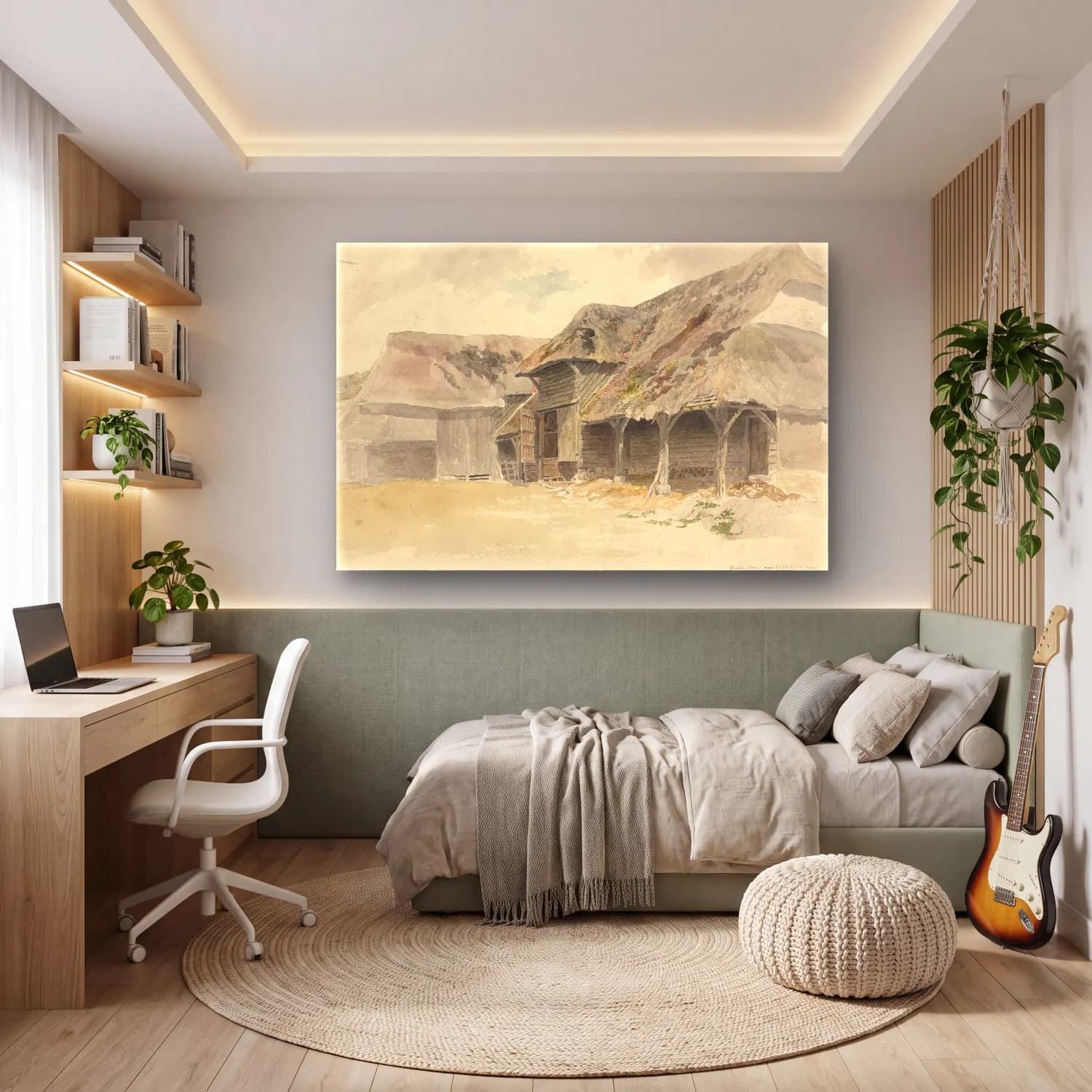 Suluboya Kır Evi No. 21 cam tablo — genç odasında