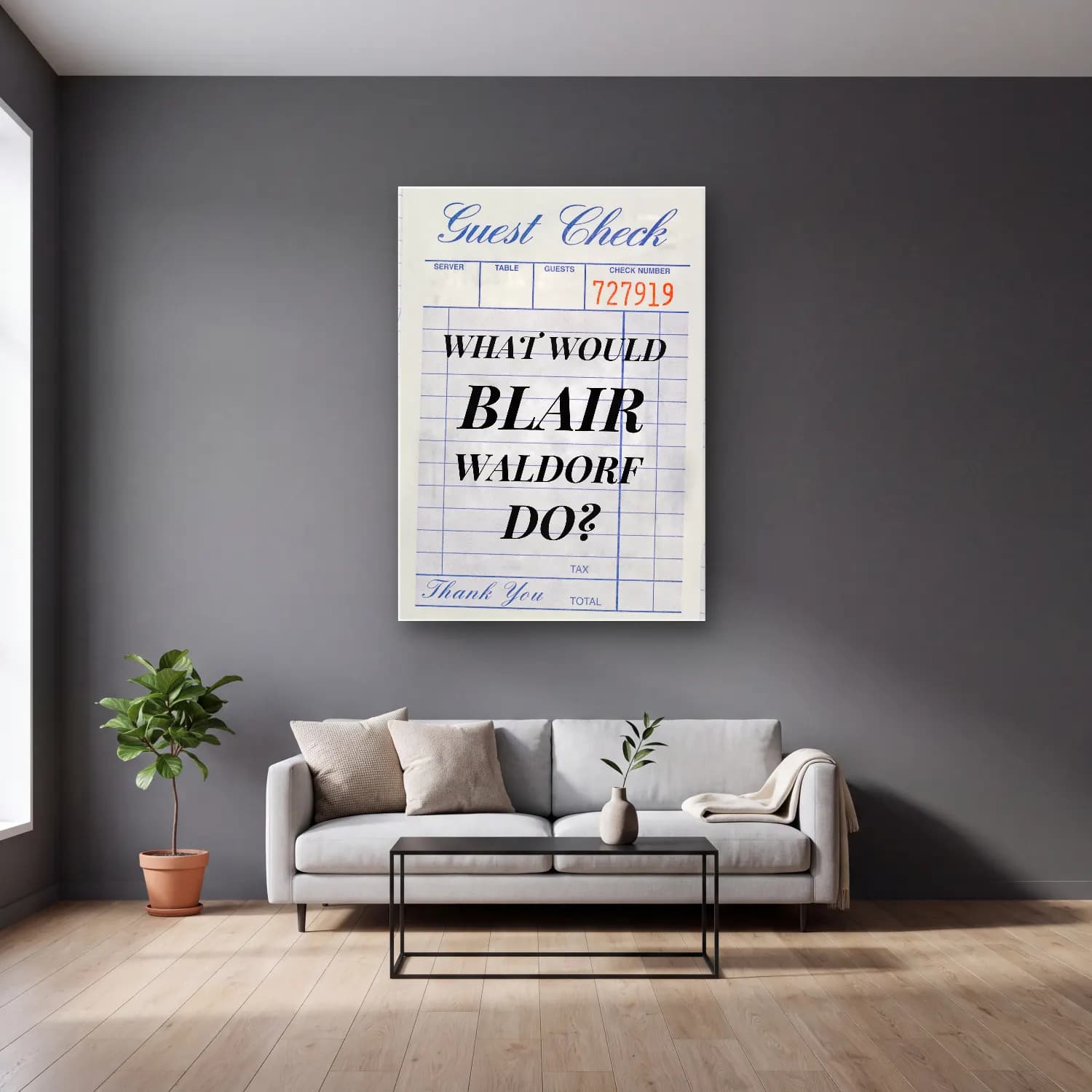 Vintage Poster Dama Deseni – Siyah Beyaz Tonlar cam tablo — gri duvarlı salonda