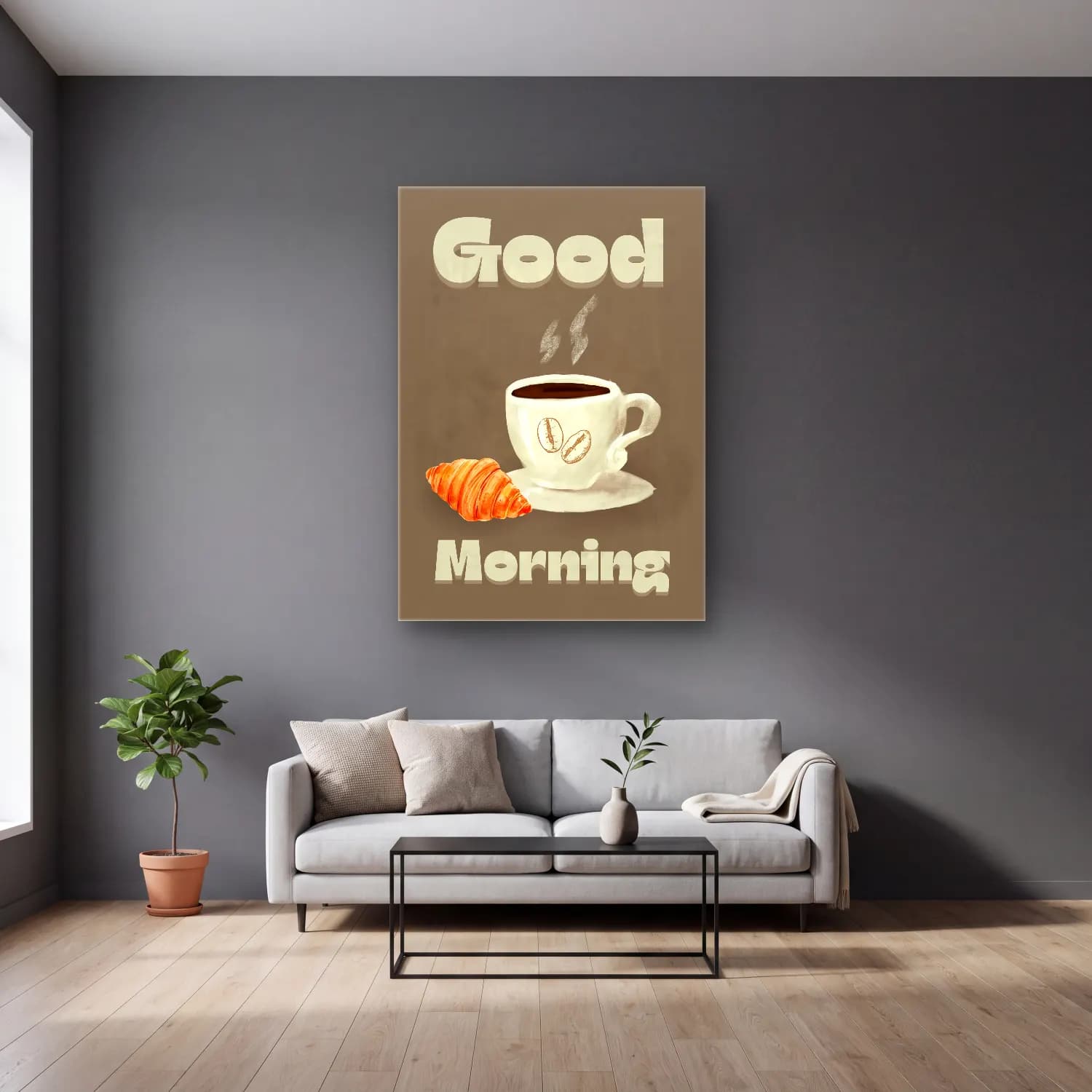 Vintage Poster Kahve Fincanı No. 6 cam tablo — gri duvarlı salonda