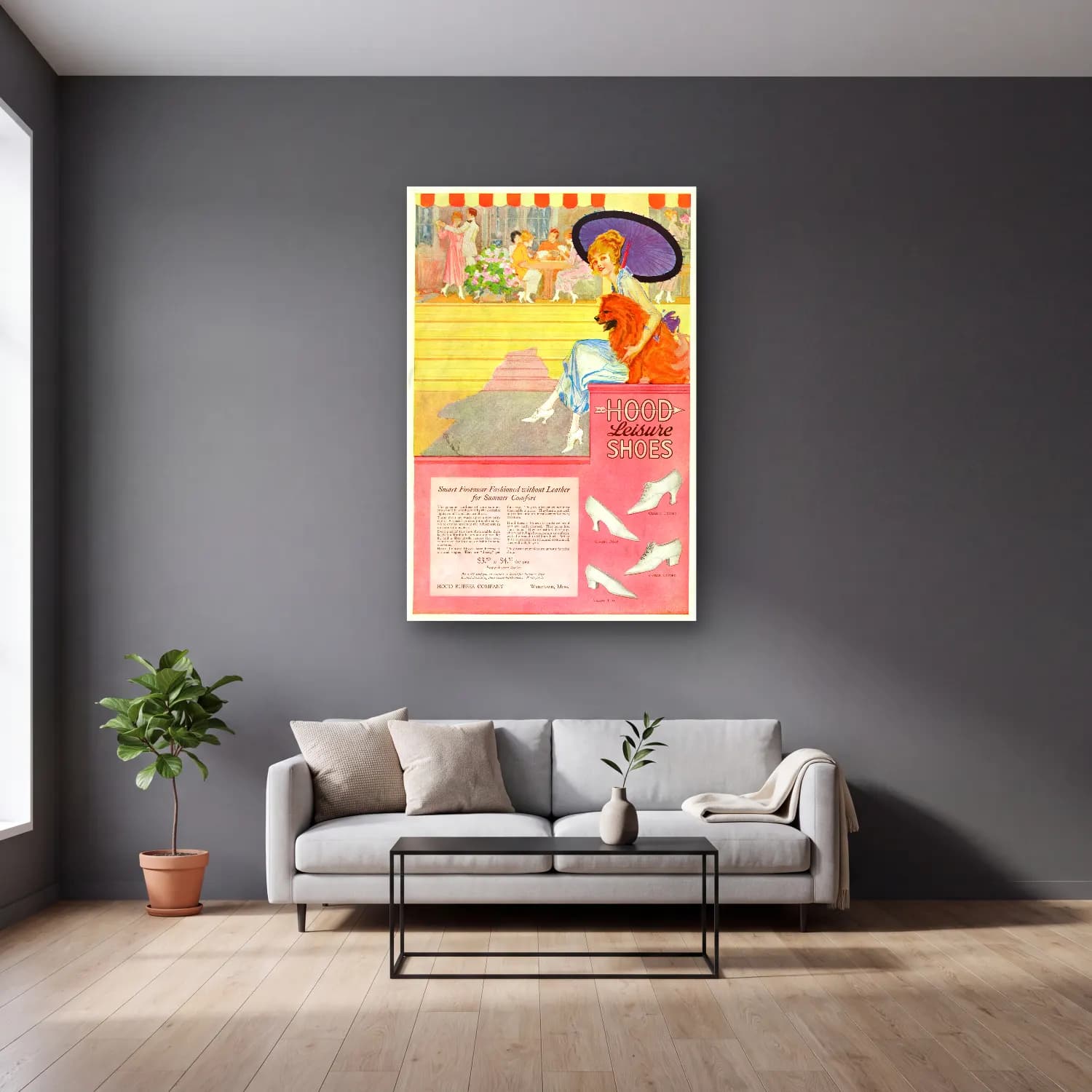 Vintage Poster Topuklu Ayakkabı ve Çanta – Bej Tonlar cam tablo — gri duvarlı salonda