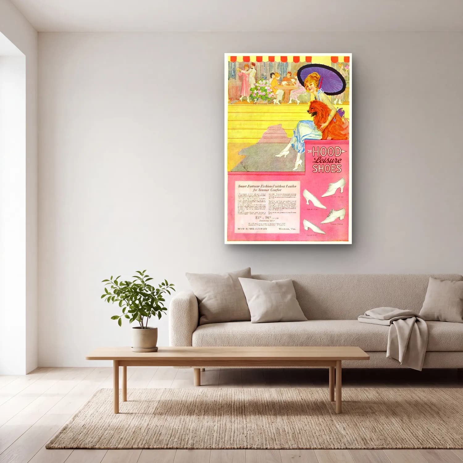 Vintage Poster Topuklu Ayakkabı ve Çanta – Bej Tonlar cam tablo — açık renk salonda