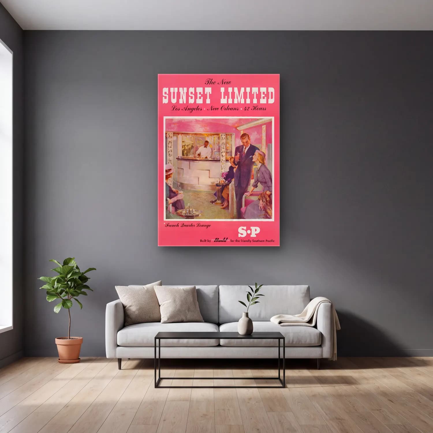 Vintage Poster Vintage İç Mekân – Pembe Tonlar cam tablo — gri duvarlı salonda
