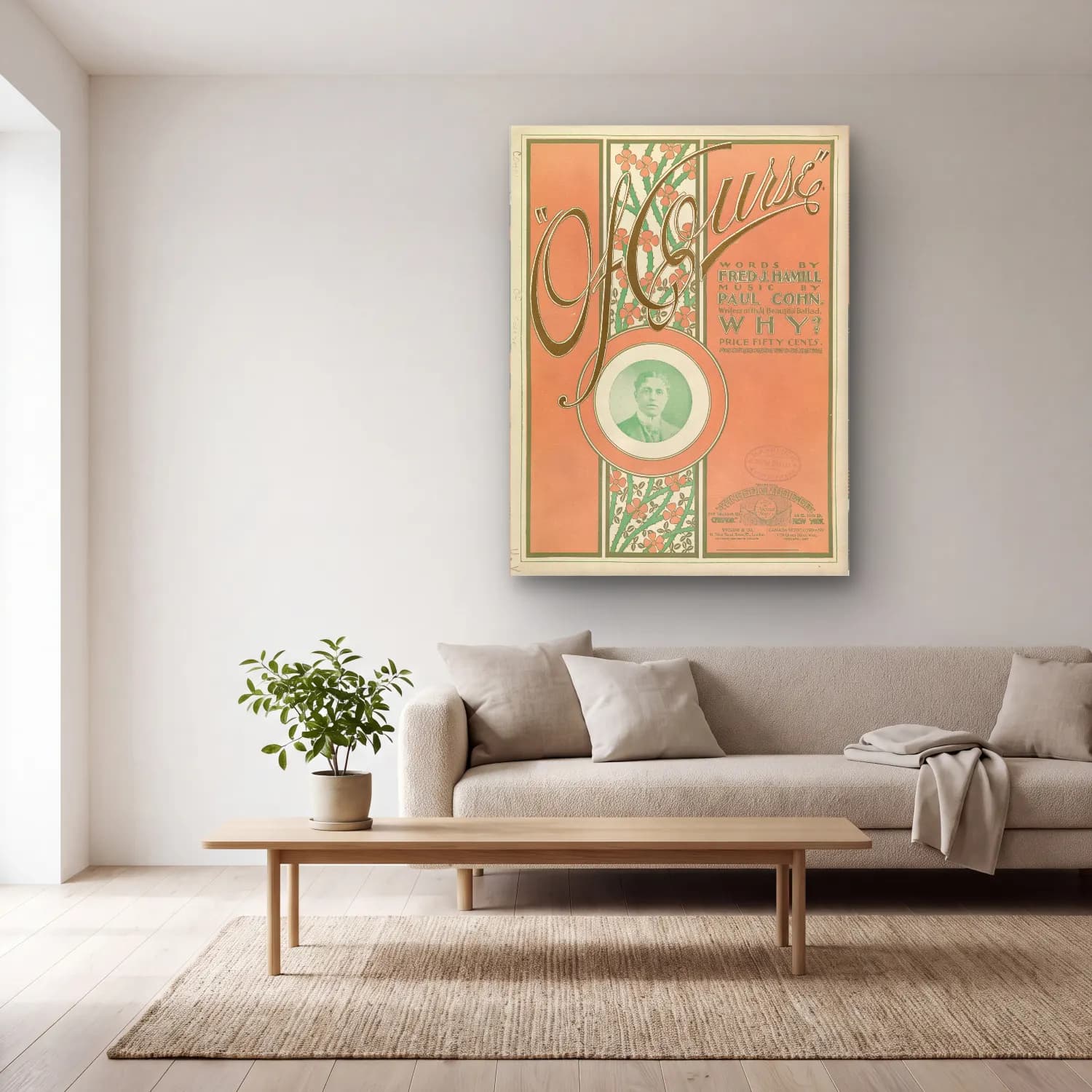 Vintage Poster Yazılı Tasarım No. 25 cam tablo — açık renk salonda