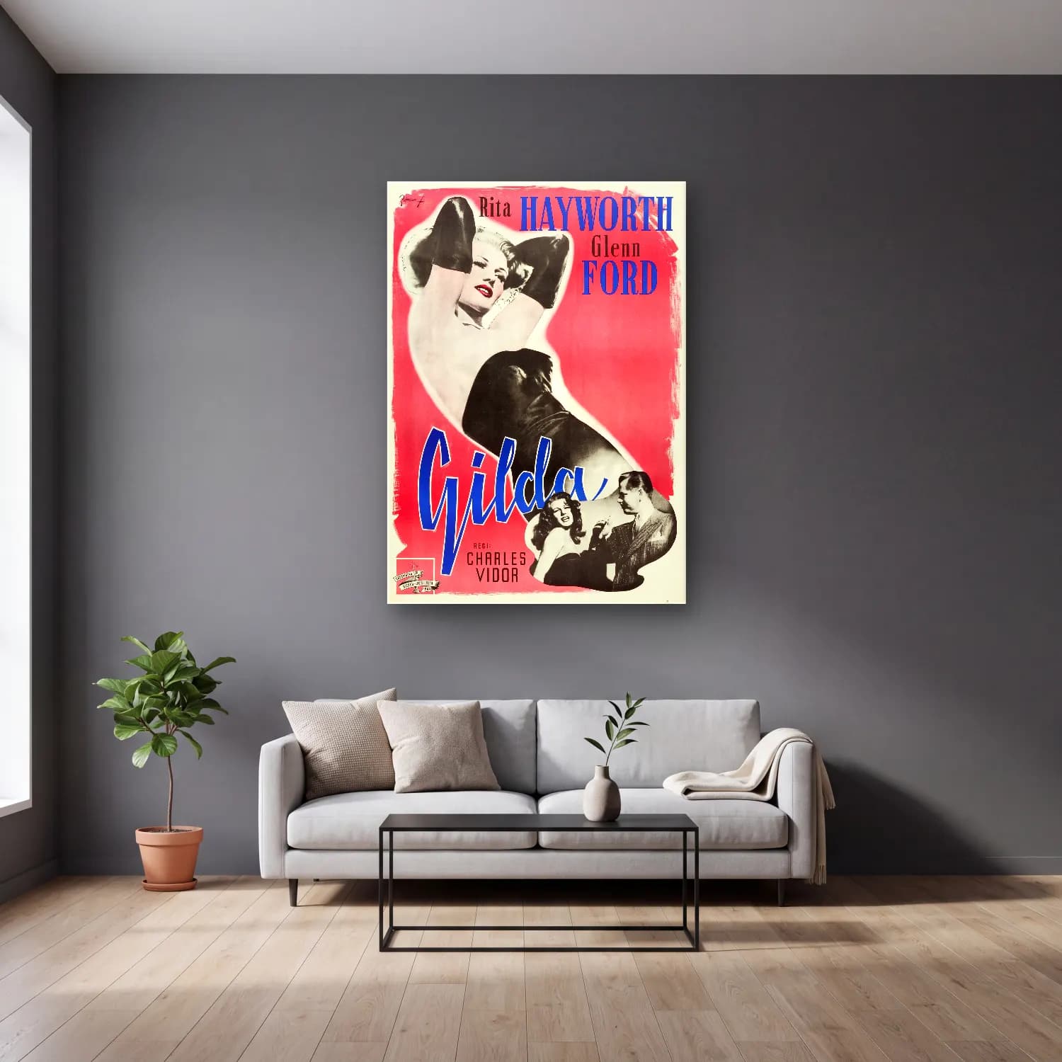 Vintage Poster Moda İllüstrasyonu – Pembe Tonlar cam tablo — gri duvarlı salonda