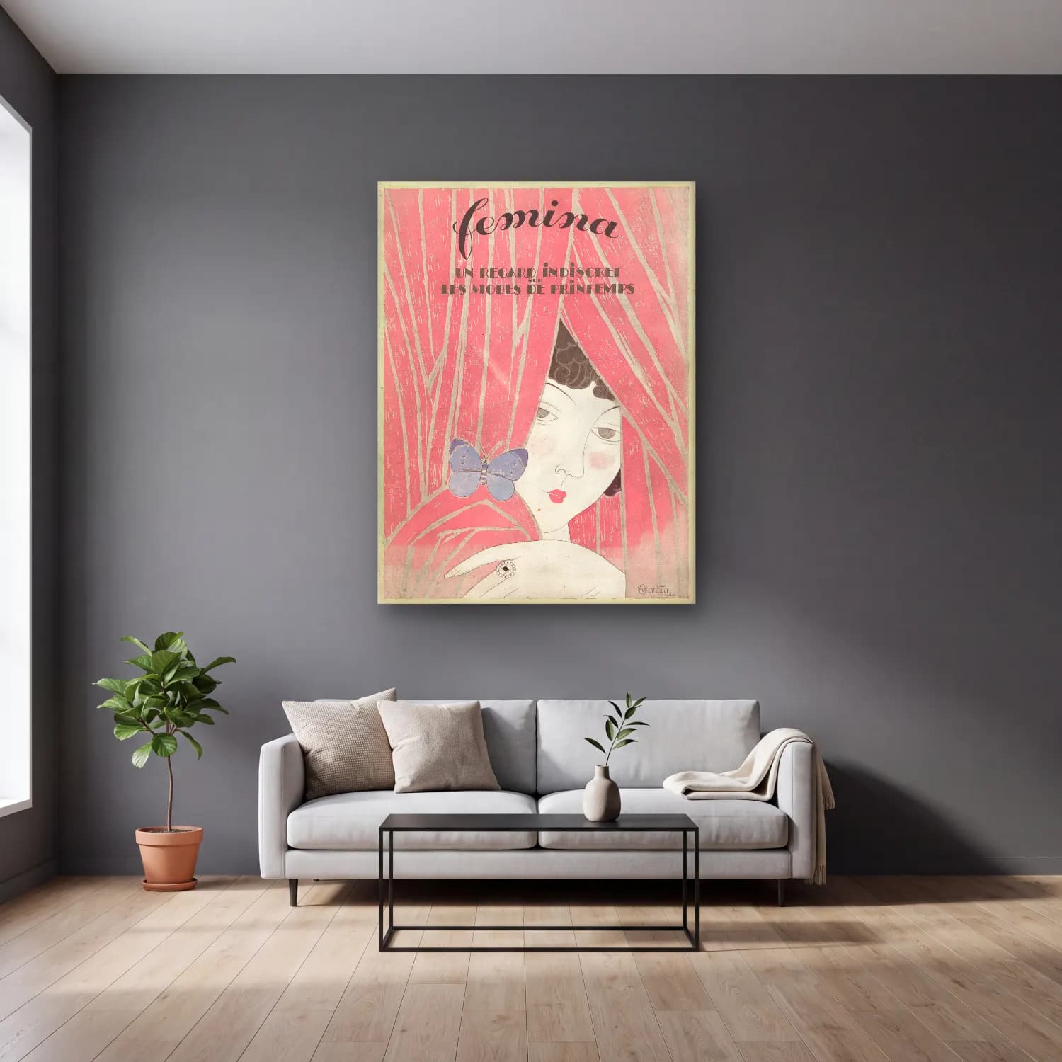 Vintage Poster Elbiseli Kadın No. 32 cam tablo — gri duvarlı salonda