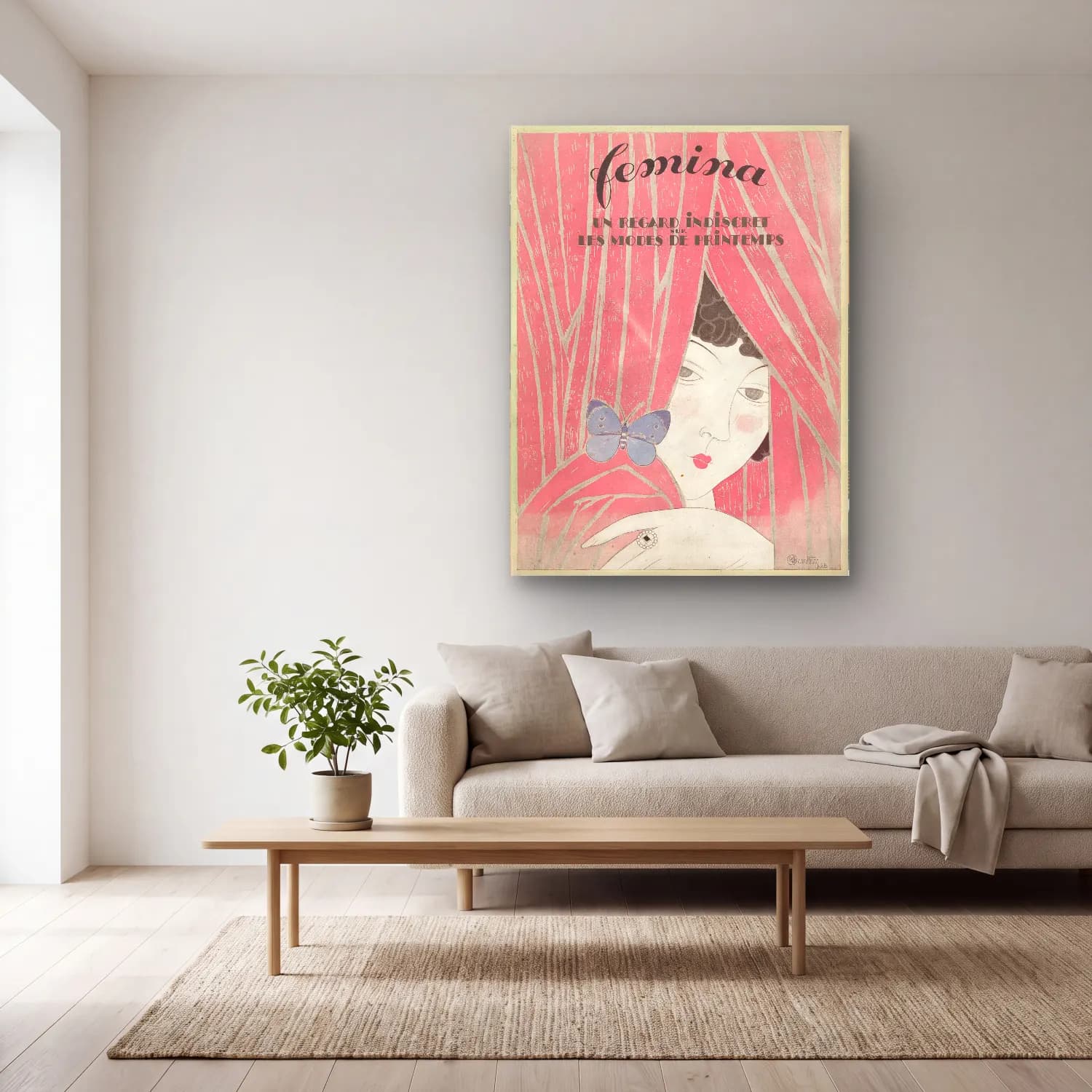 Vintage Poster Elbiseli Kadın No. 32 cam tablo — açık renk salonda
