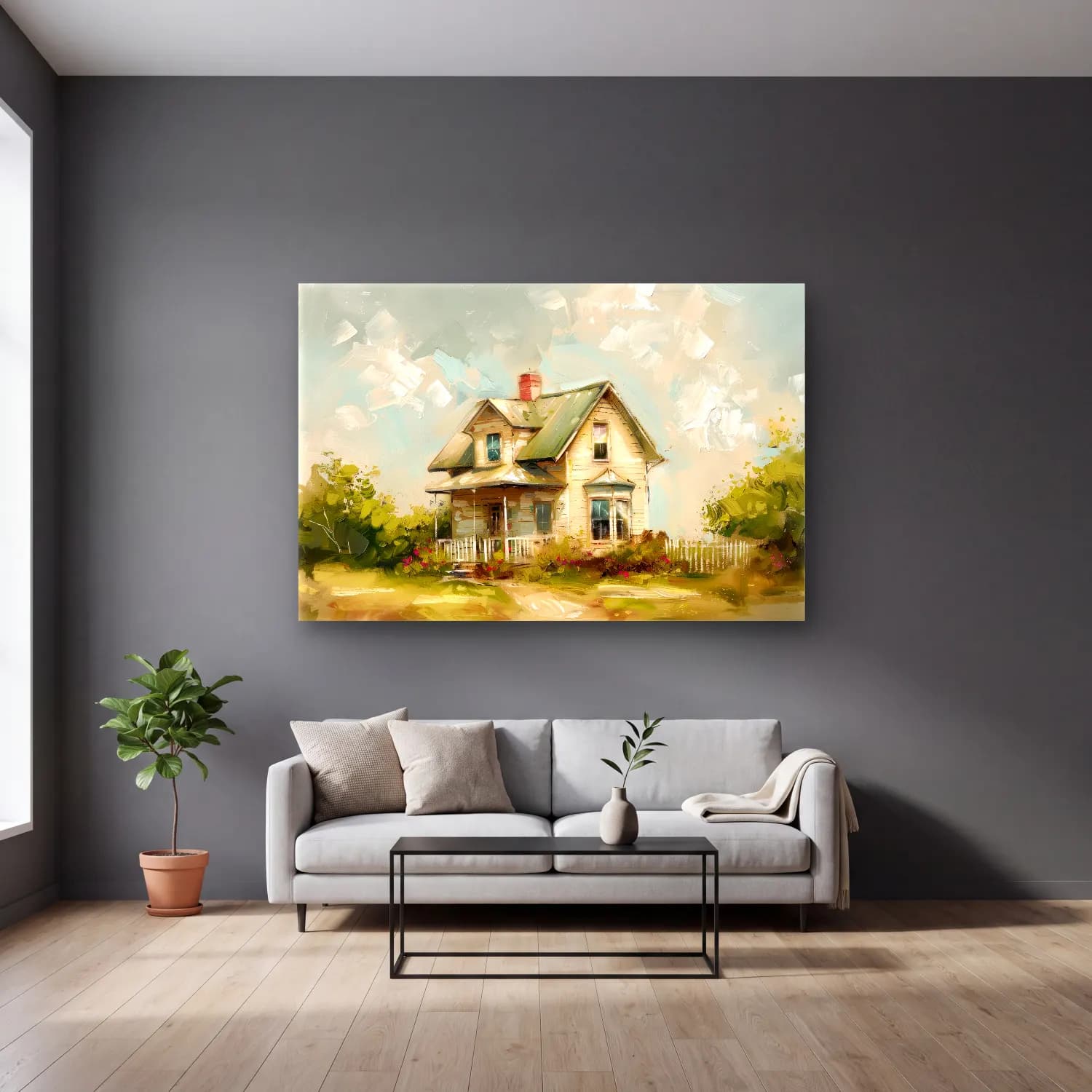 Yağlı Boya Kır Evi No. 17 cam tablo — gri duvarlı salonda