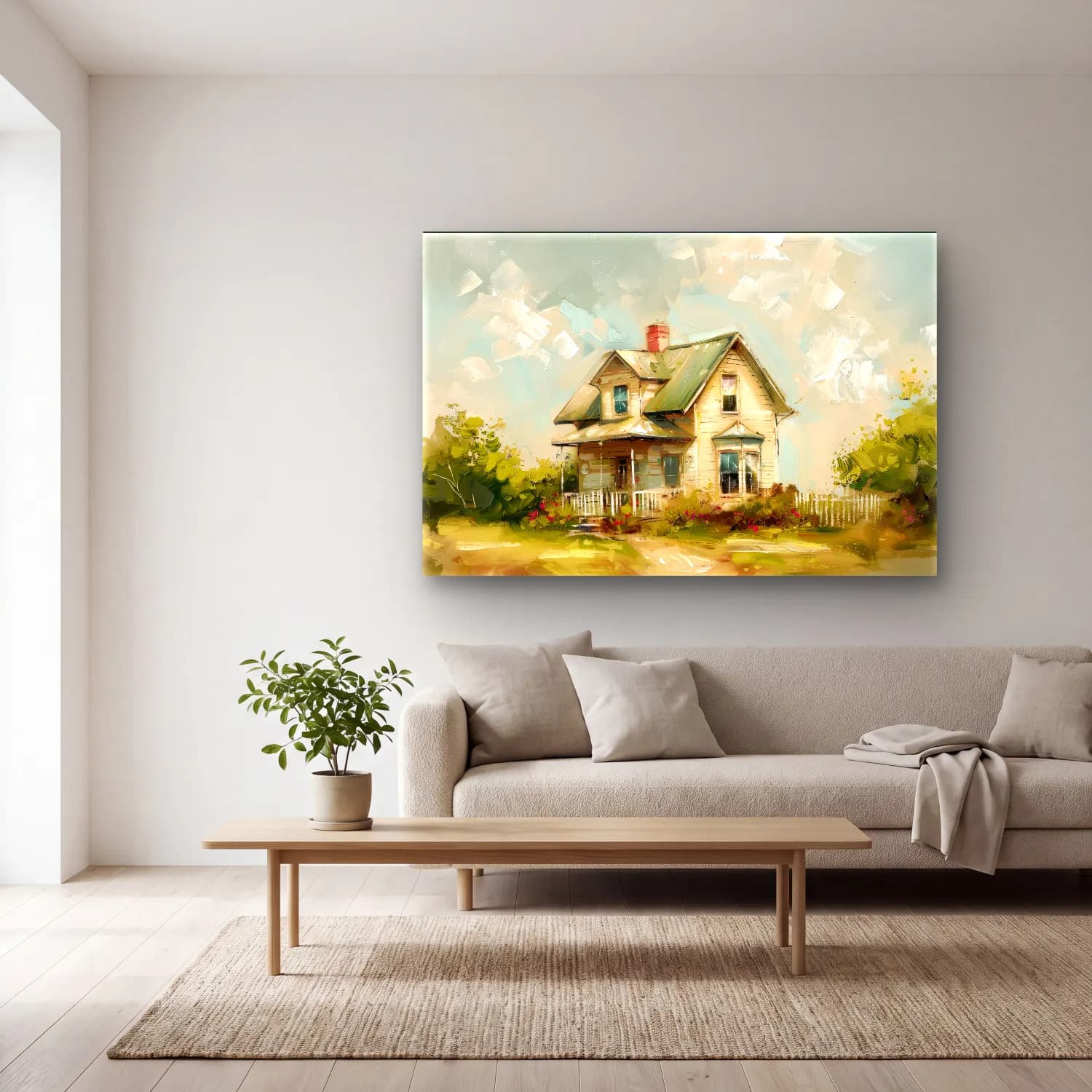 Yağlı Boya Kır Evi No. 17 cam tablo — açık renk salonda