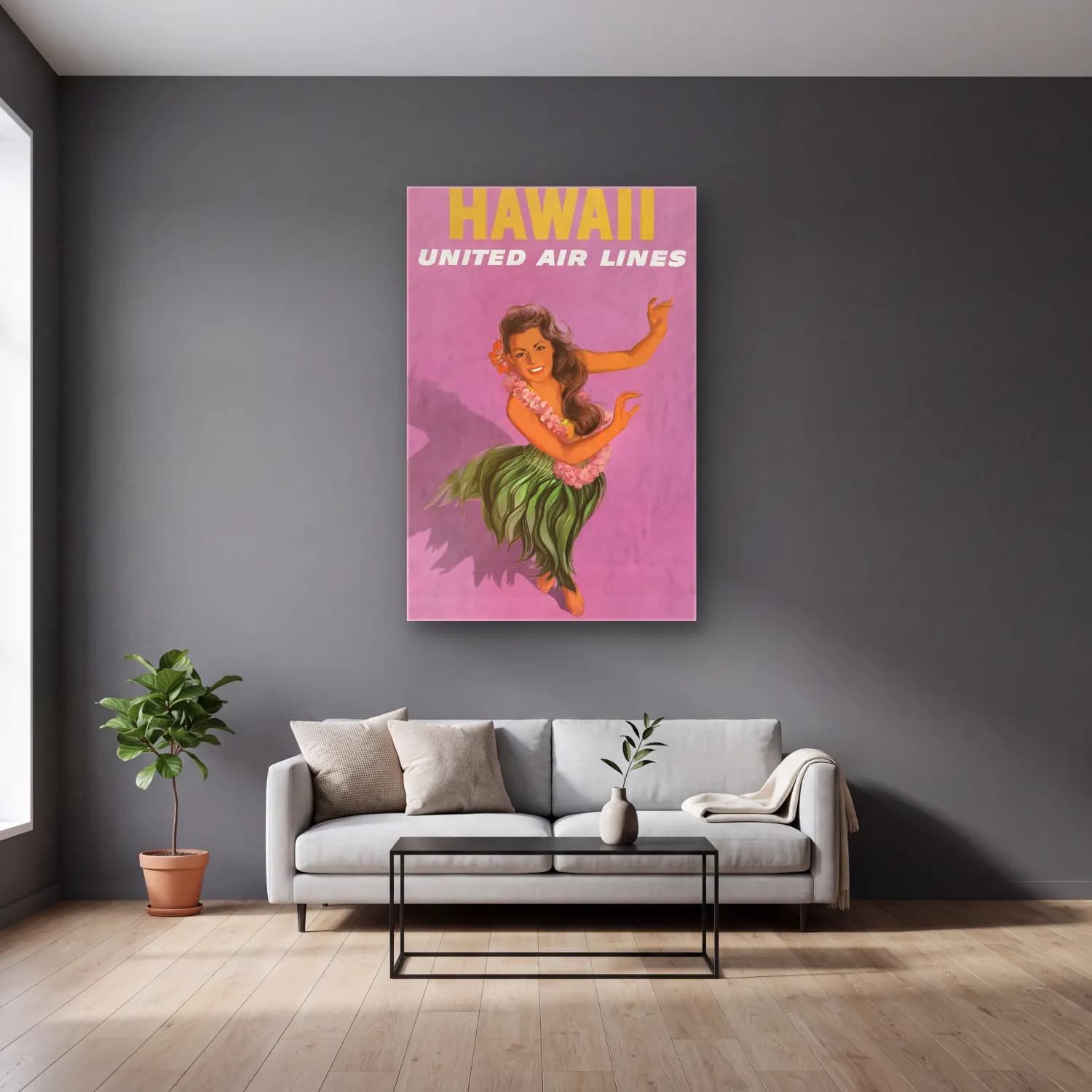 Vintage Poster Elbiseli Kadın No. 34 cam tablo — gri duvarlı salonda