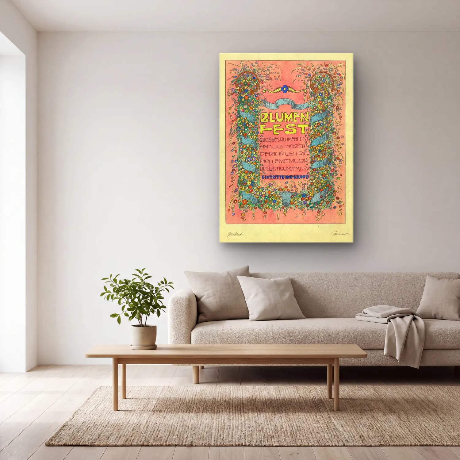 Vintage Poster Yazılı Tasarım No. 26 cam tablo — açık renk salonda