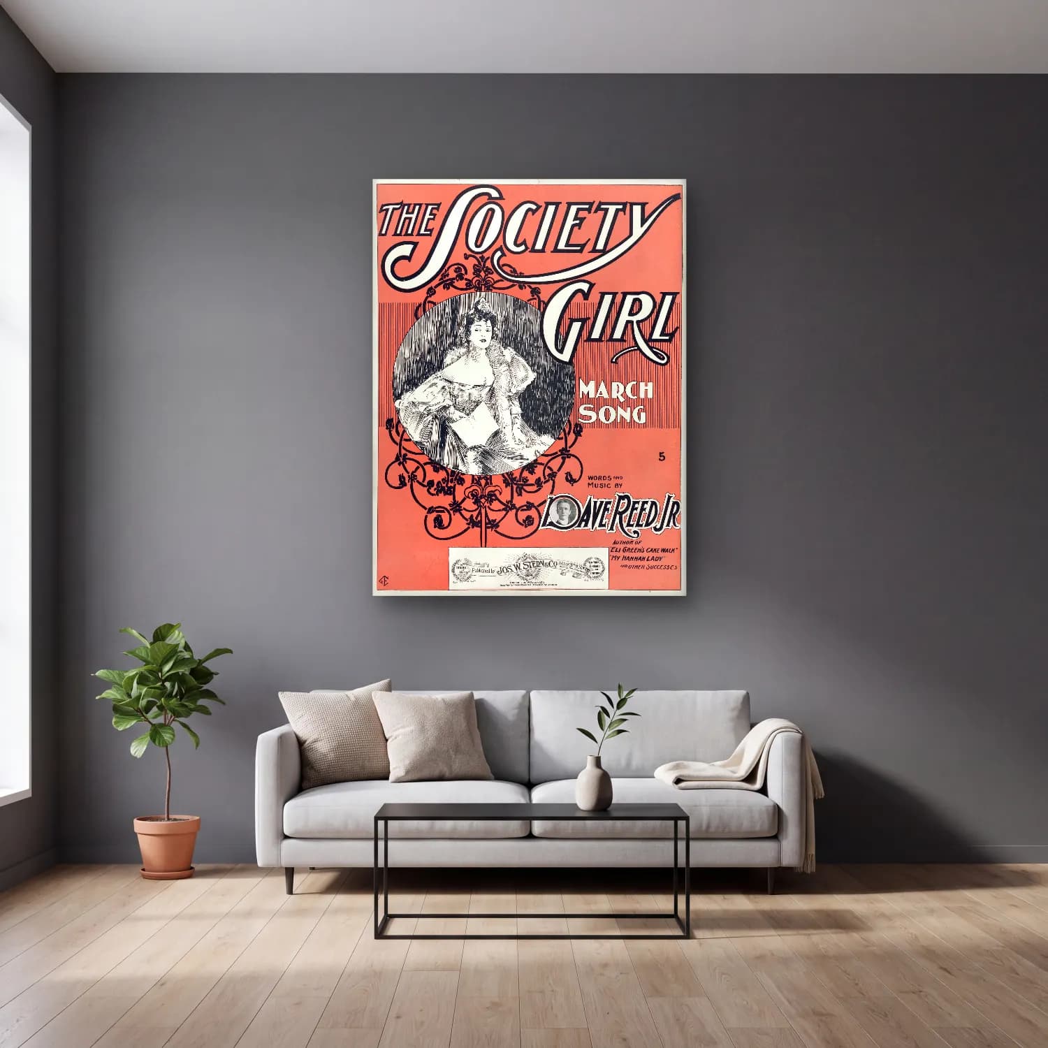Vintage Poster Kız Çocuğu Portresi – Siyah Beyaz Tonlar cam tablo — gri duvarlı salonda