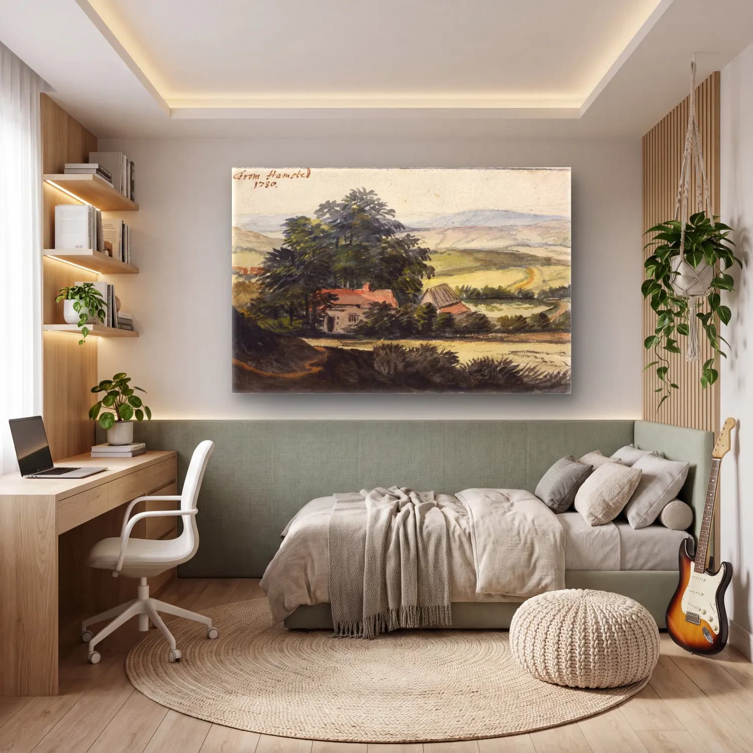 Suluboya Kır Evi No. 22 cam tablo — genç odasında