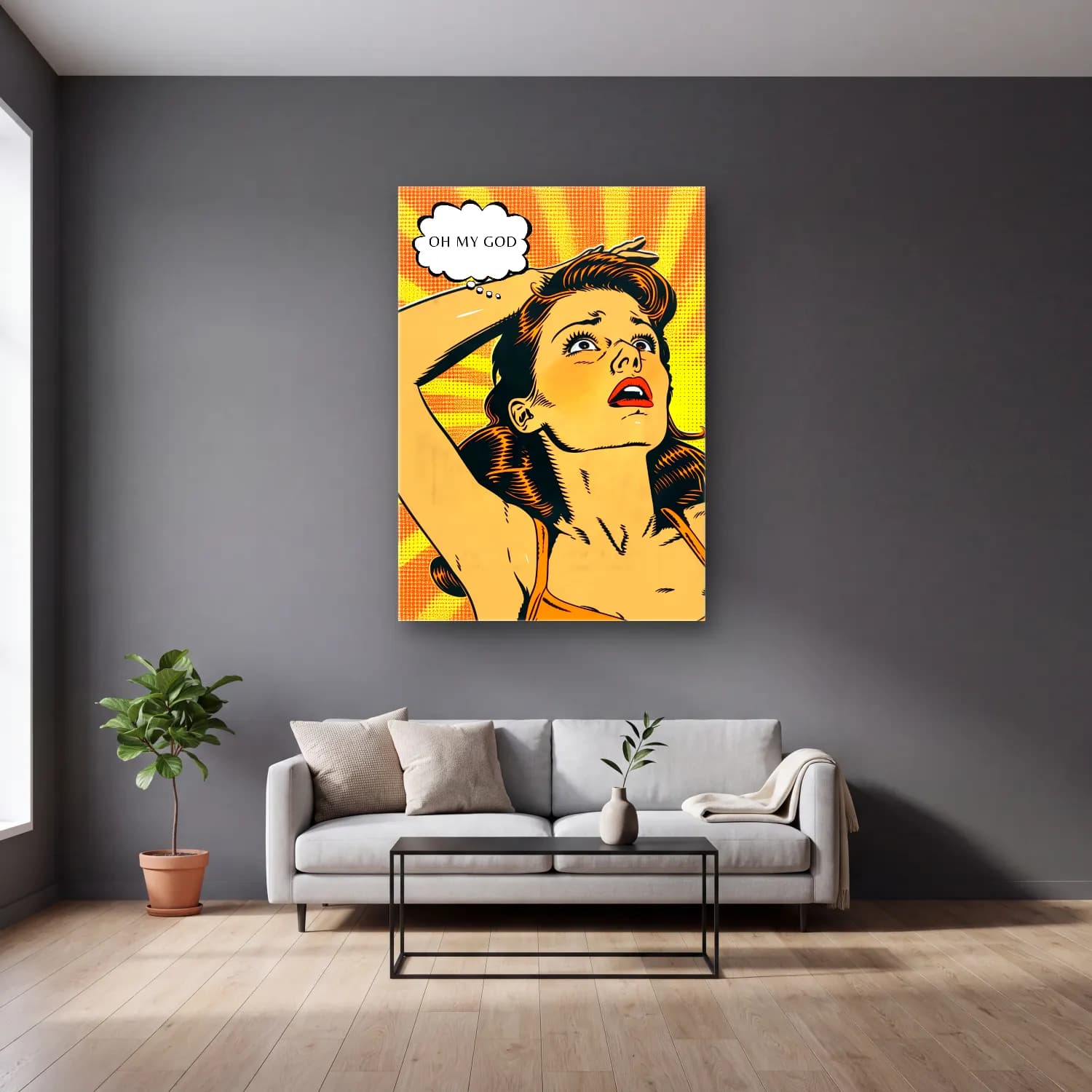 Pop Art Moda İllüstrasyonu No. 8 cam tablo — gri duvarlı salonda