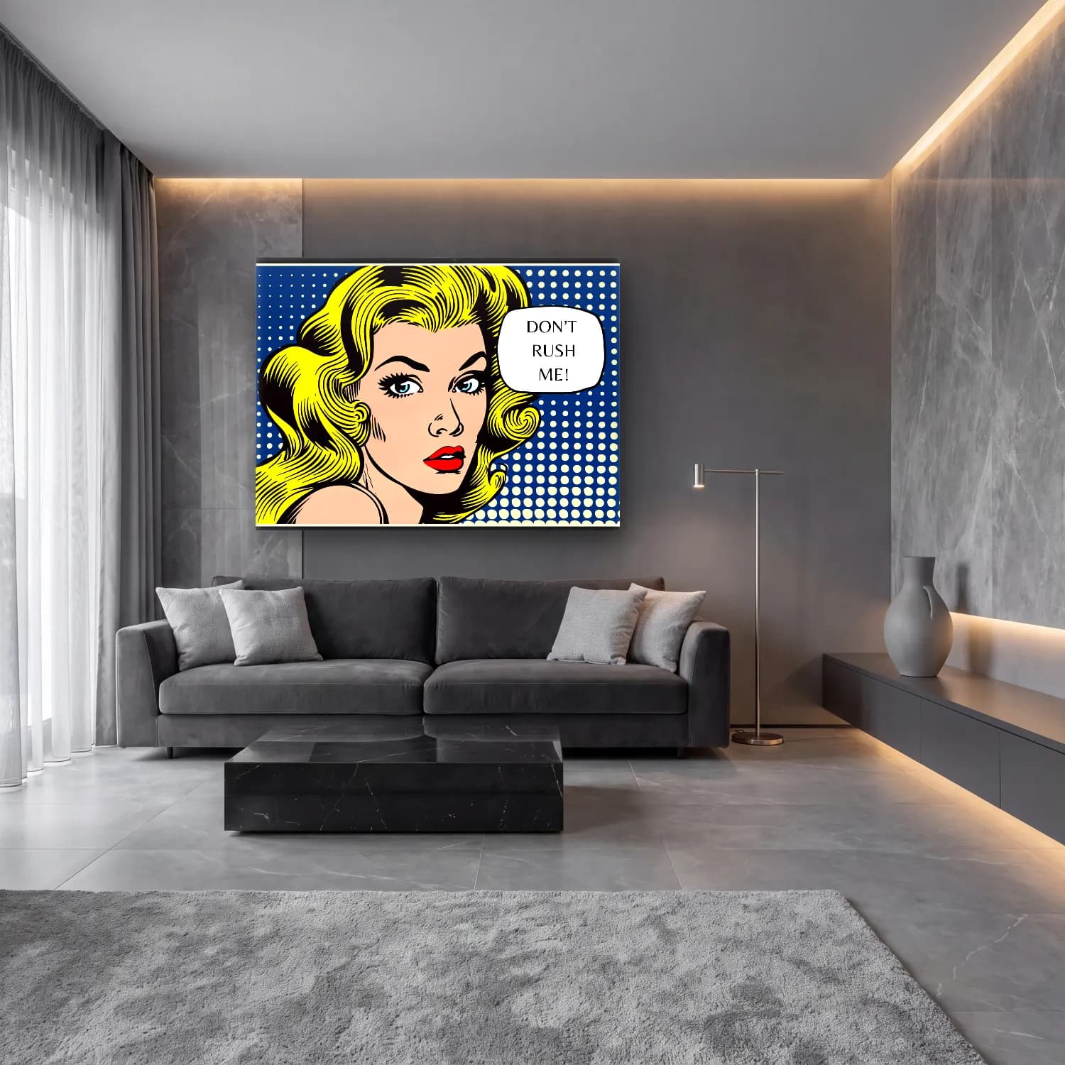 Pop Art Moda İllüstrasyonu No. 9 cam tablo — lüks salon duvarında
