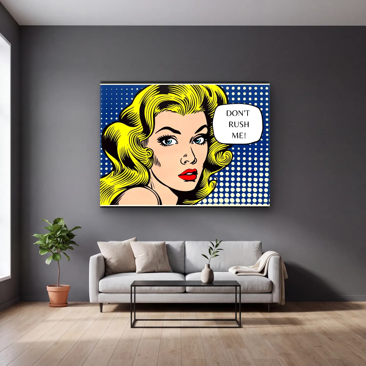 Pop Art Moda İllüstrasyonu No. 9 cam tablo — gri duvarlı salonda