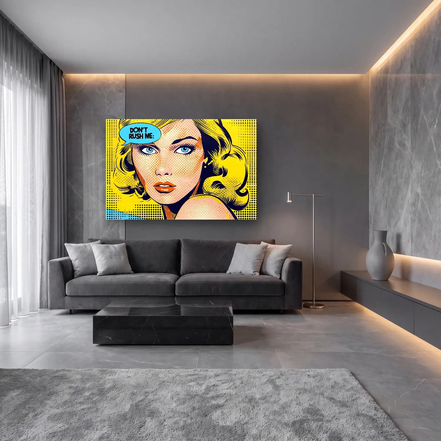 Pop Art Moda İllüstrasyonu No. 11 cam tablo — lüks salon duvarında