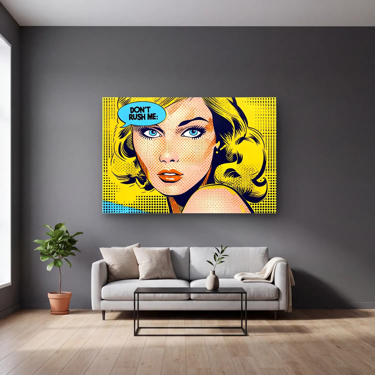 Pop Art Moda İllüstrasyonu No. 11 cam tablo — gri duvarlı salonda