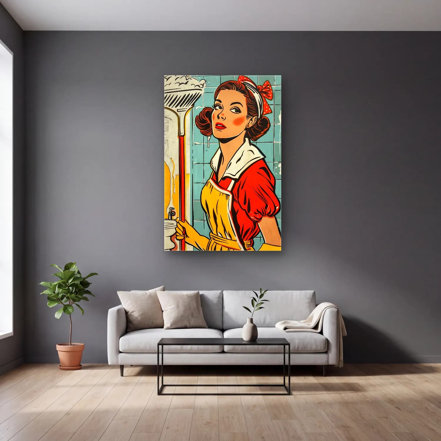 Pop Art Kadın Portresi No. 20 cam tablo — gri duvarlı salonda