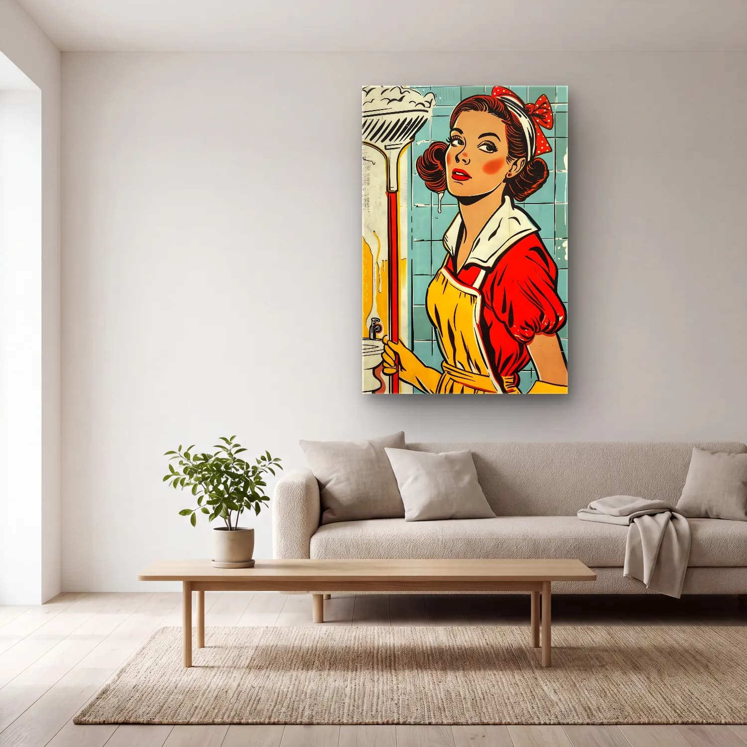 Pop Art Kadın Portresi No. 20 cam tablo — açık renk salonda