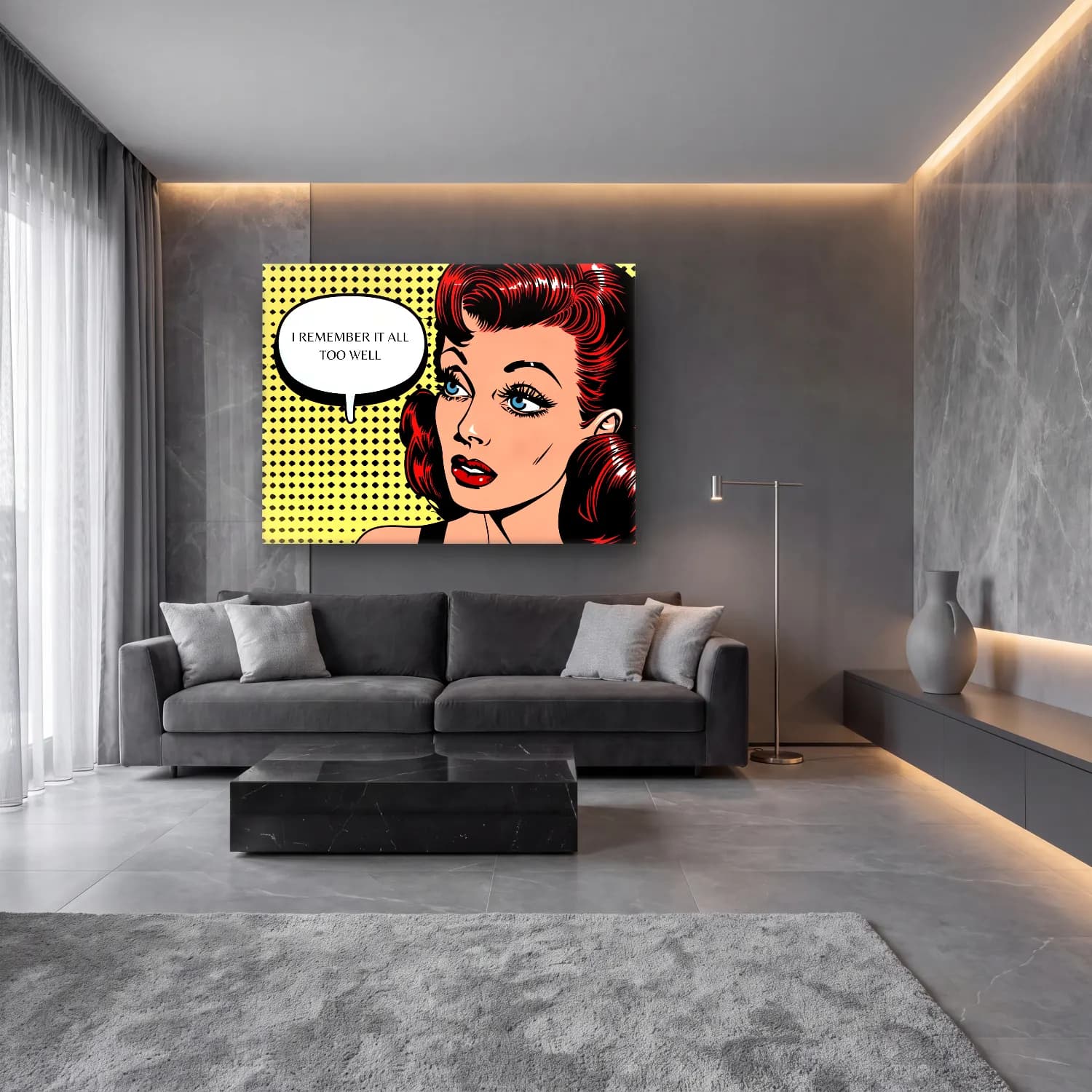 Pop Art Söz Posteri – Siyah Beyaz Tonlar cam tablo — lüks salon duvarında