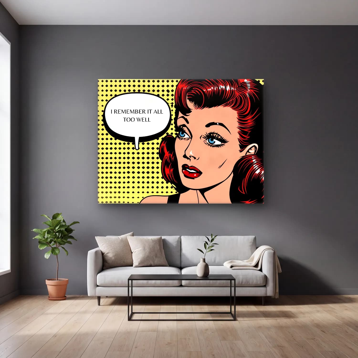 Pop Art Söz Posteri – Siyah Beyaz Tonlar cam tablo — gri duvarlı salonda