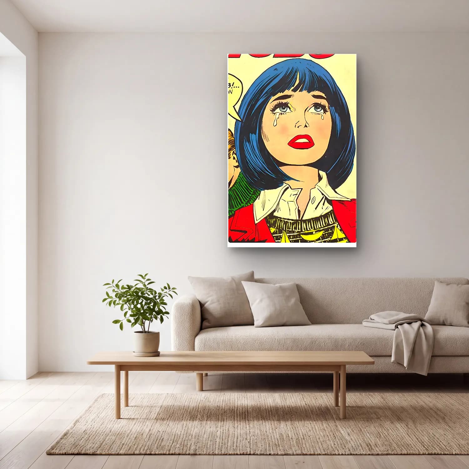 Pop Art Kadın Portresi No. 21 cam tablo — açık renk salonda