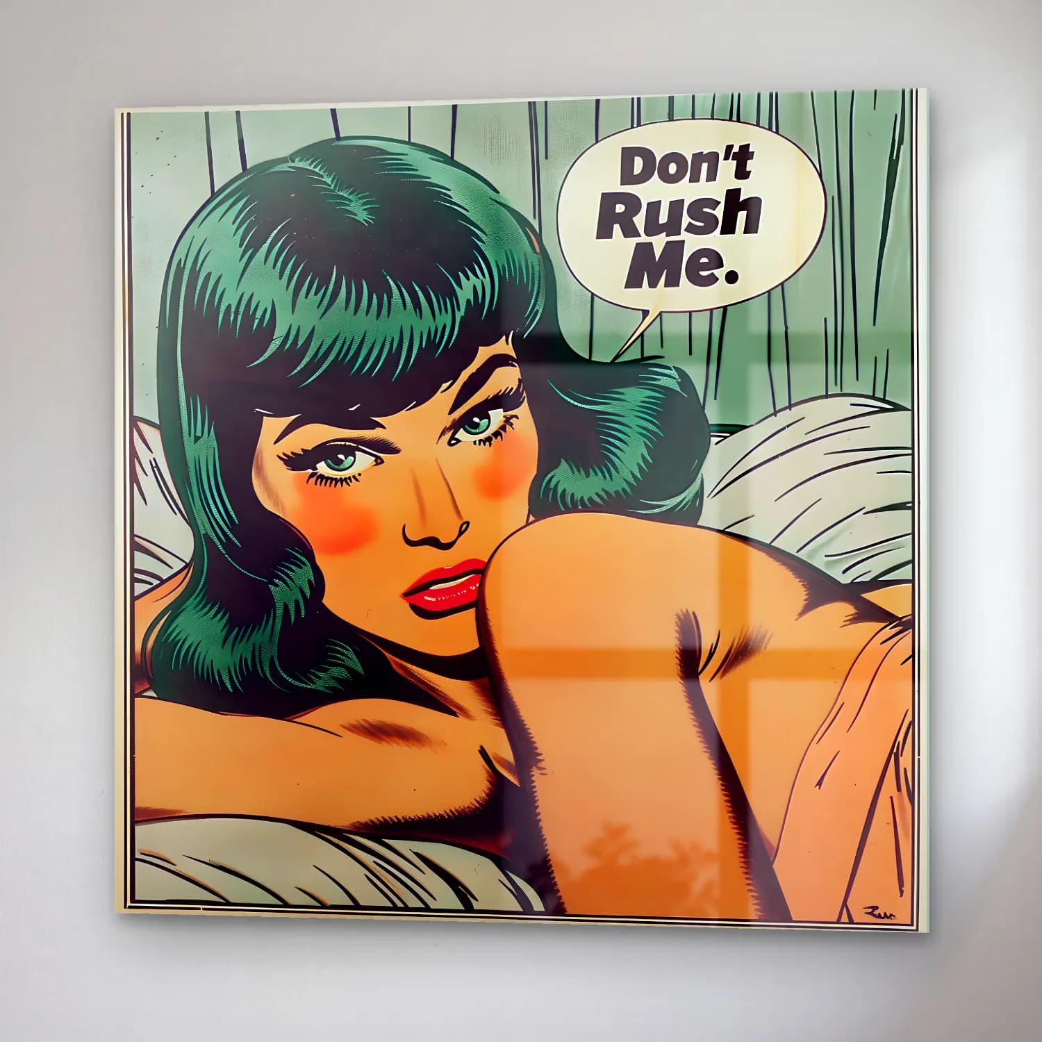 Vintage Poster Moda İllüstrasyonu – Turkuaz Tonlar cam tablo — sağ açıdan görünüm