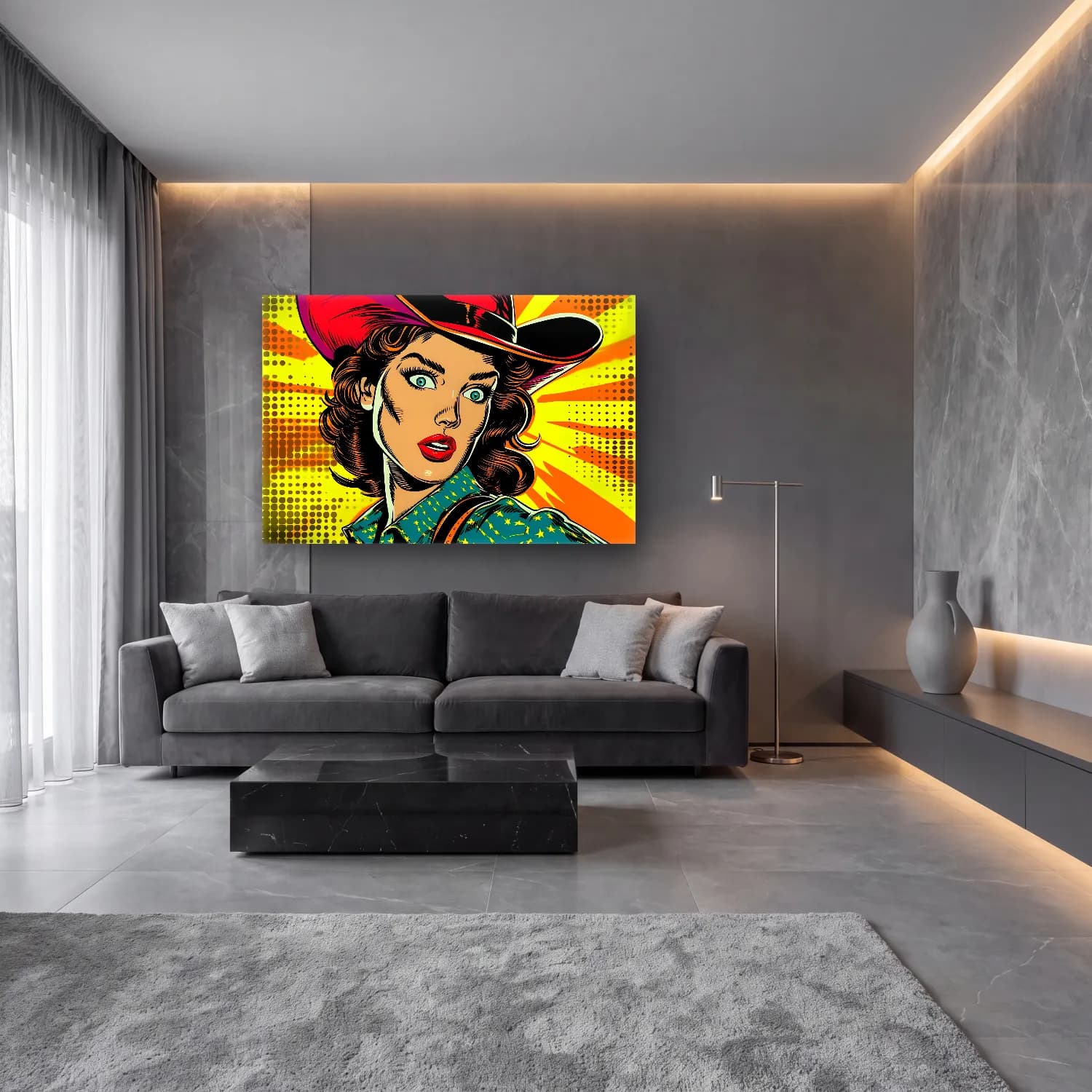 Pop Art Şapkalı Kadın No. 4 cam tablo — lüks salon duvarında