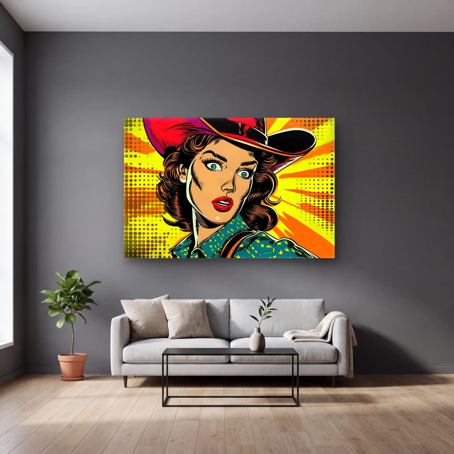 Pop Art Şapkalı Kadın No. 4 cam tablo — gri duvarlı salonda