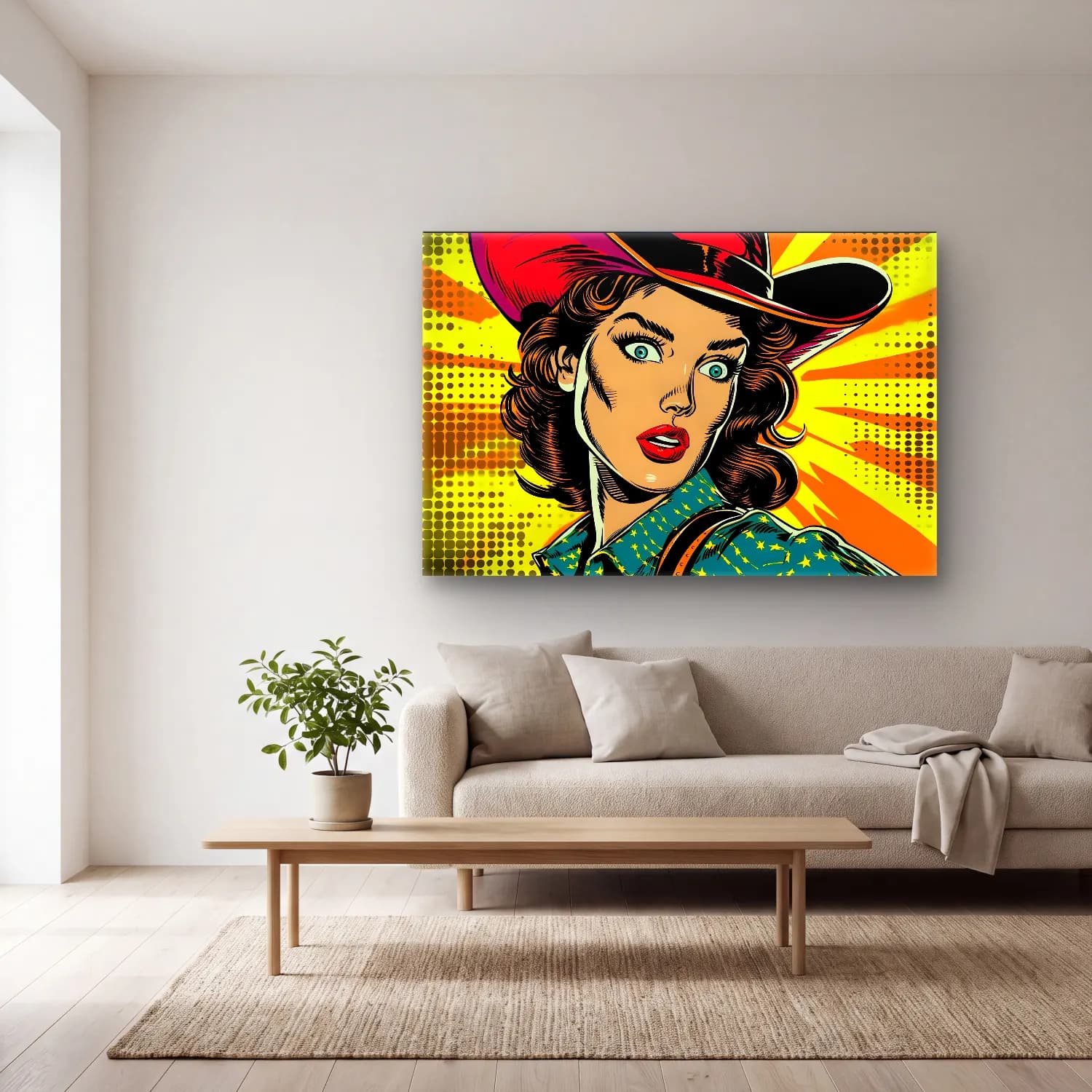 Pop Art Şapkalı Kadın No. 4 cam tablo — açık renk salonda