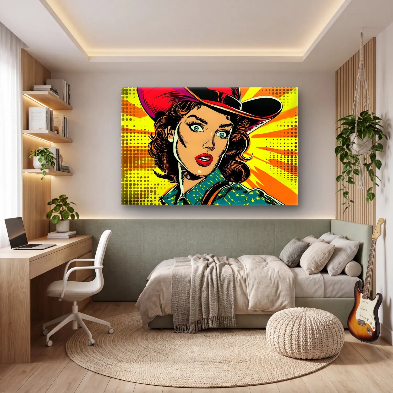 Pop Art Şapkalı Kadın No. 4 cam tablo — genç odasında