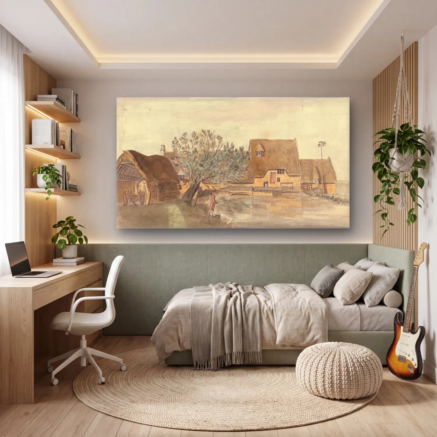 Suluboya Kır Evi No. 23 cam tablo — genç odasında