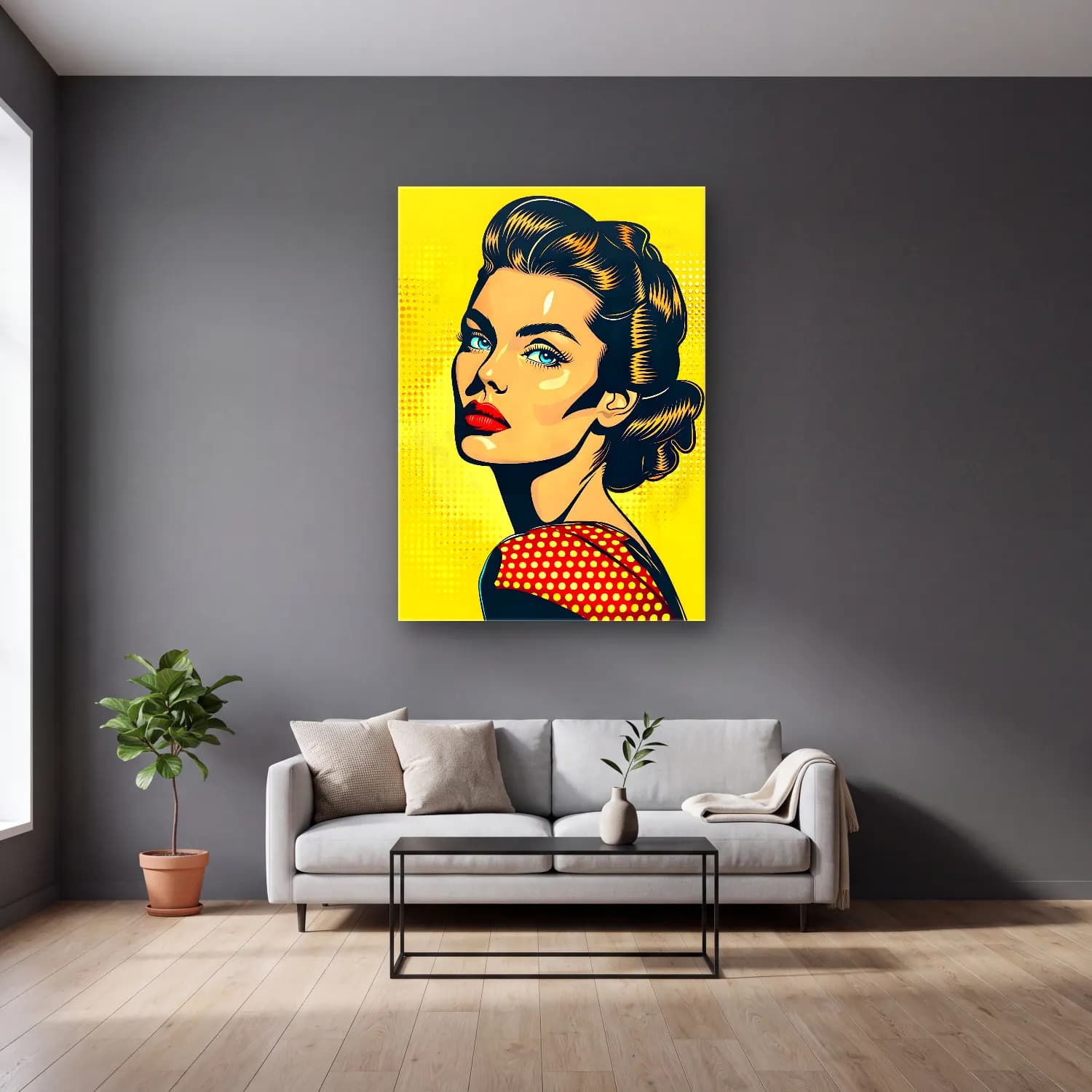 Pop Art Kadın Portresi No. 25 cam tablo — gri duvarlı salonda