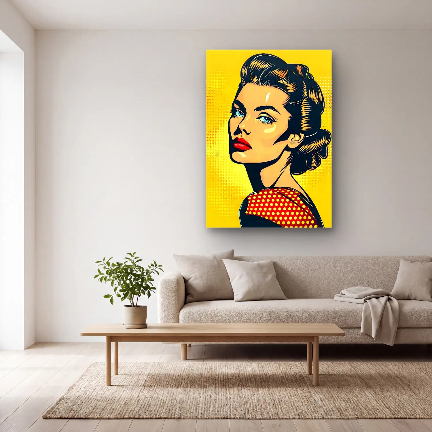Pop Art Kadın Portresi No. 25 cam tablo — açık renk salonda