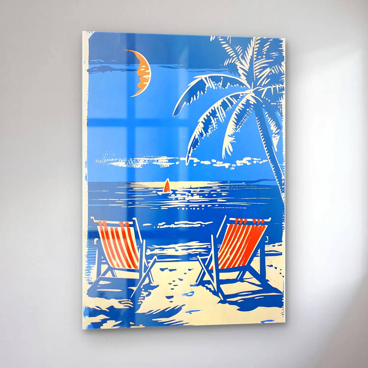 Vintage Poster Palmiyeli Tropik Sahil – Turuncu Tonlar cam tablo — sol açıdan görünüm