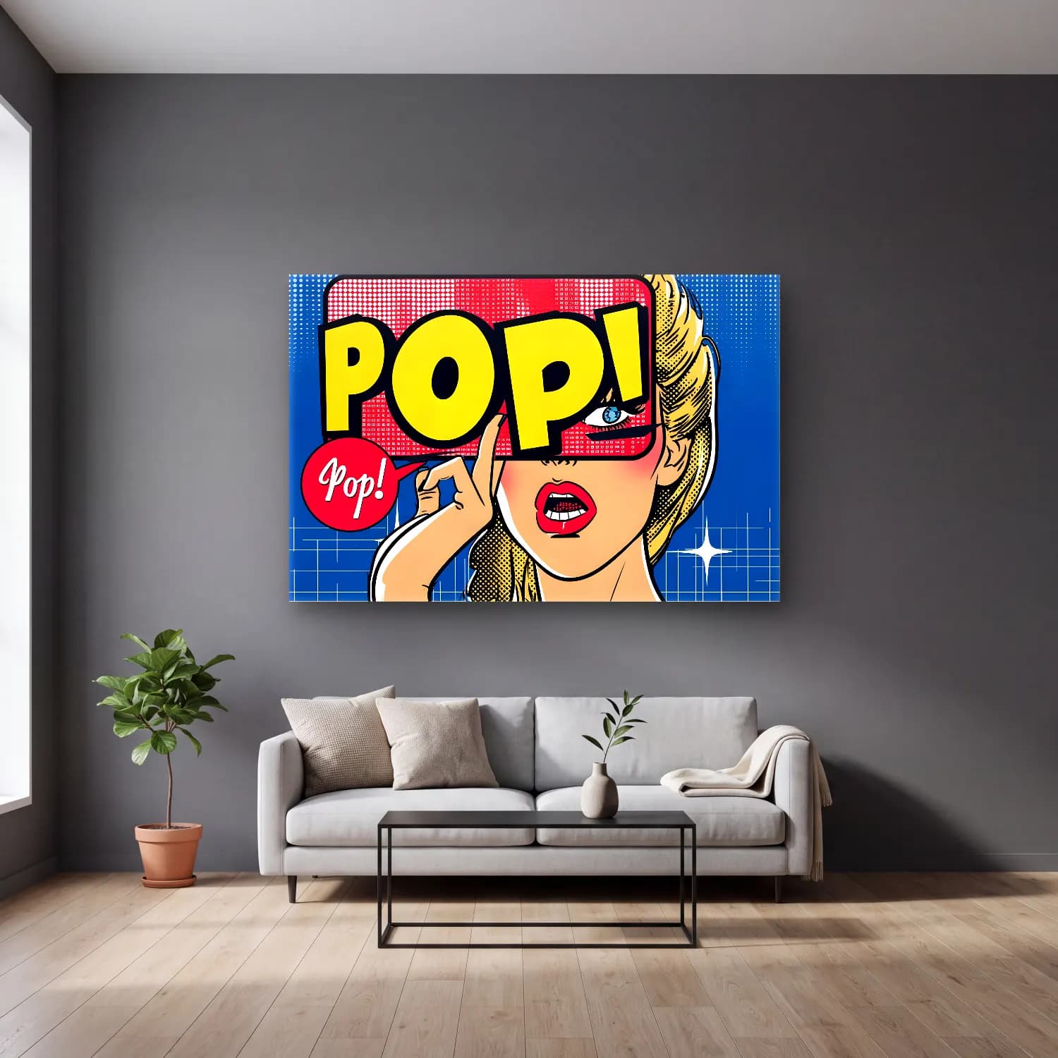 Pop Art Moda İllüstrasyonu No. 25 cam tablo — gri duvarlı salonda