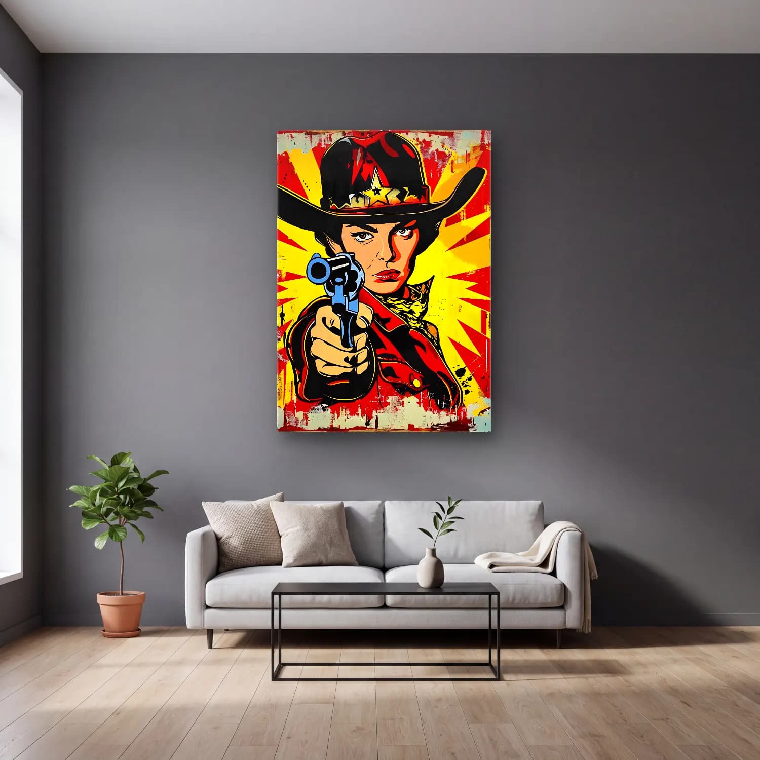Pop Art Şapkalı Kadın No. 9 cam tablo — gri duvarlı salonda