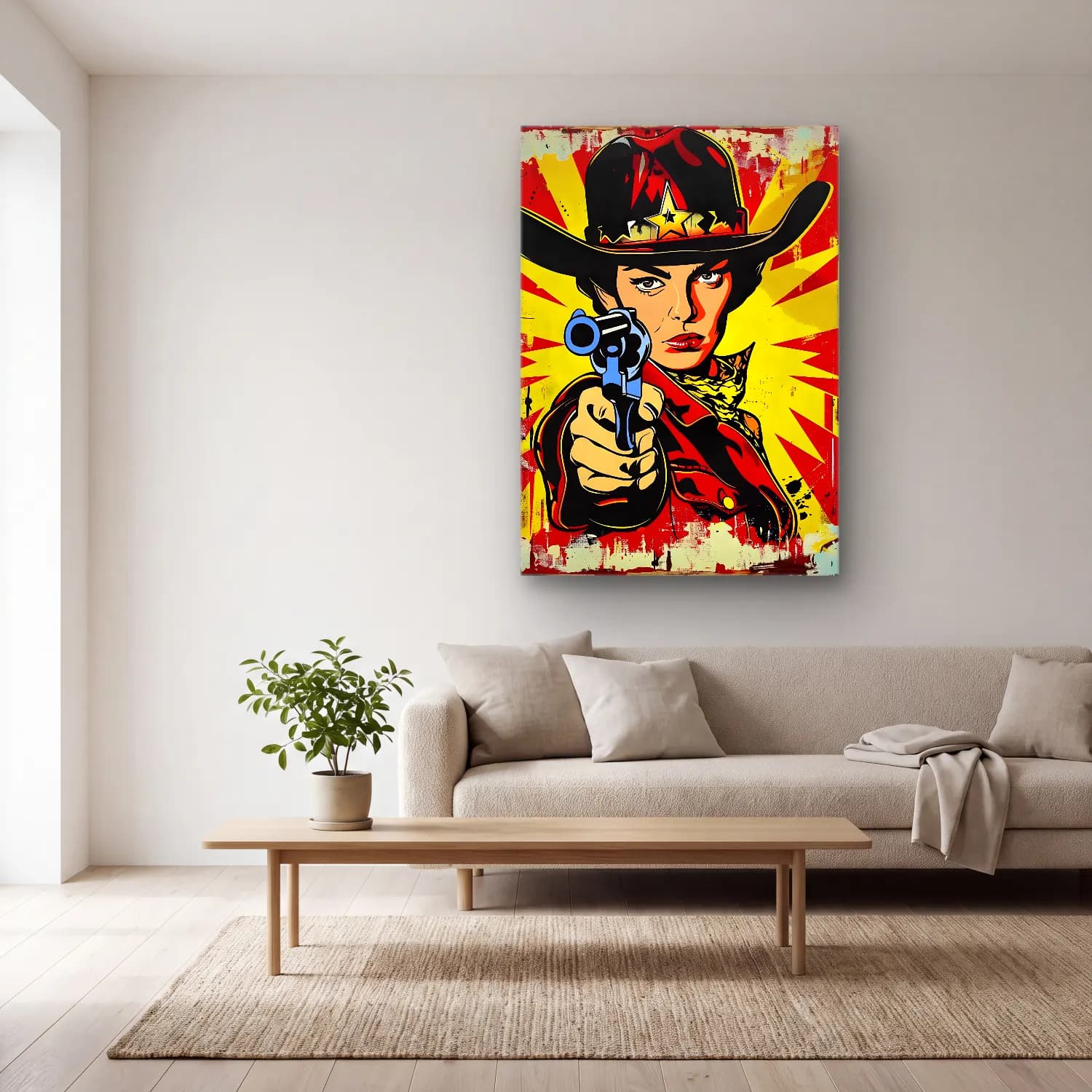 Pop Art Şapkalı Kadın No. 9 cam tablo — açık renk salonda