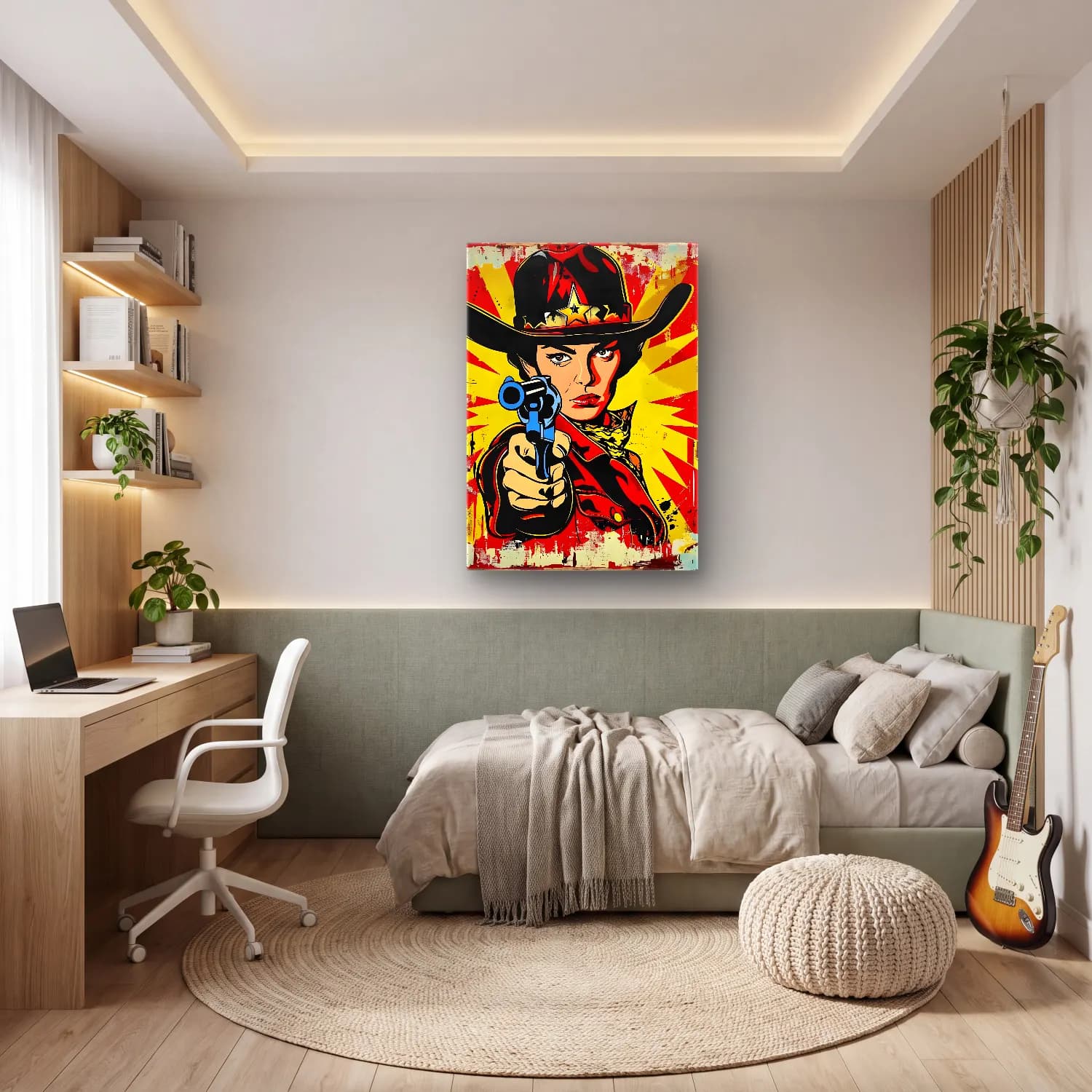 Pop Art Şapkalı Kadın No. 9 cam tablo — genç odasında