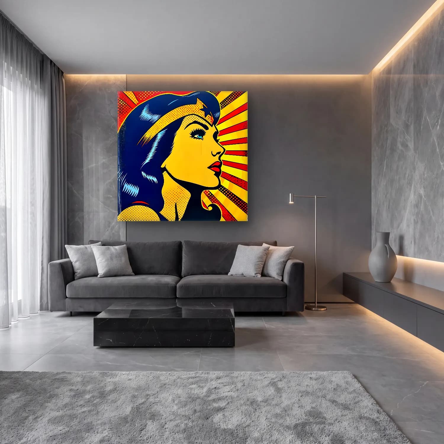 Pop Art Kadın Portresi No. 40 cam tablo — lüks salon duvarında