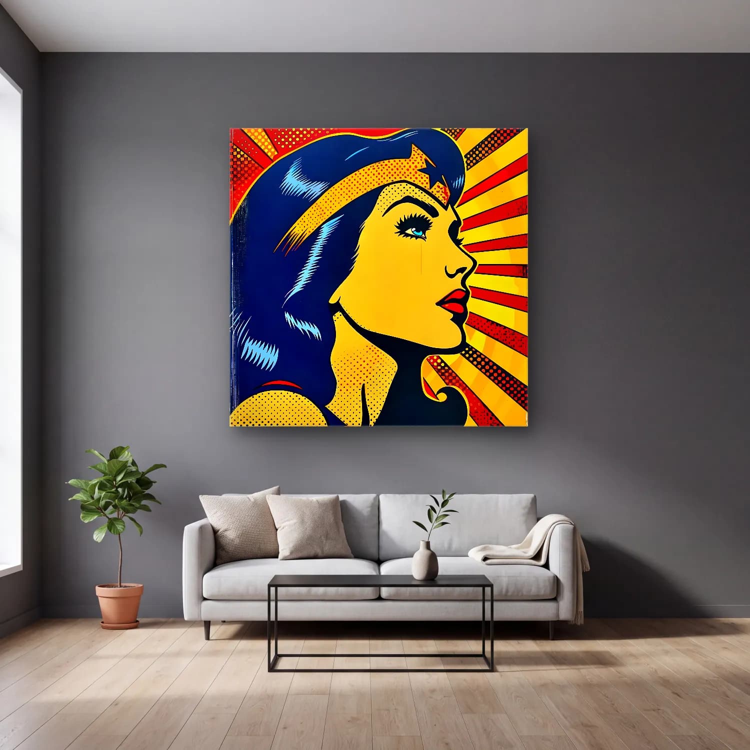 Pop Art Kadın Portresi No. 40 cam tablo — gri duvarlı salonda