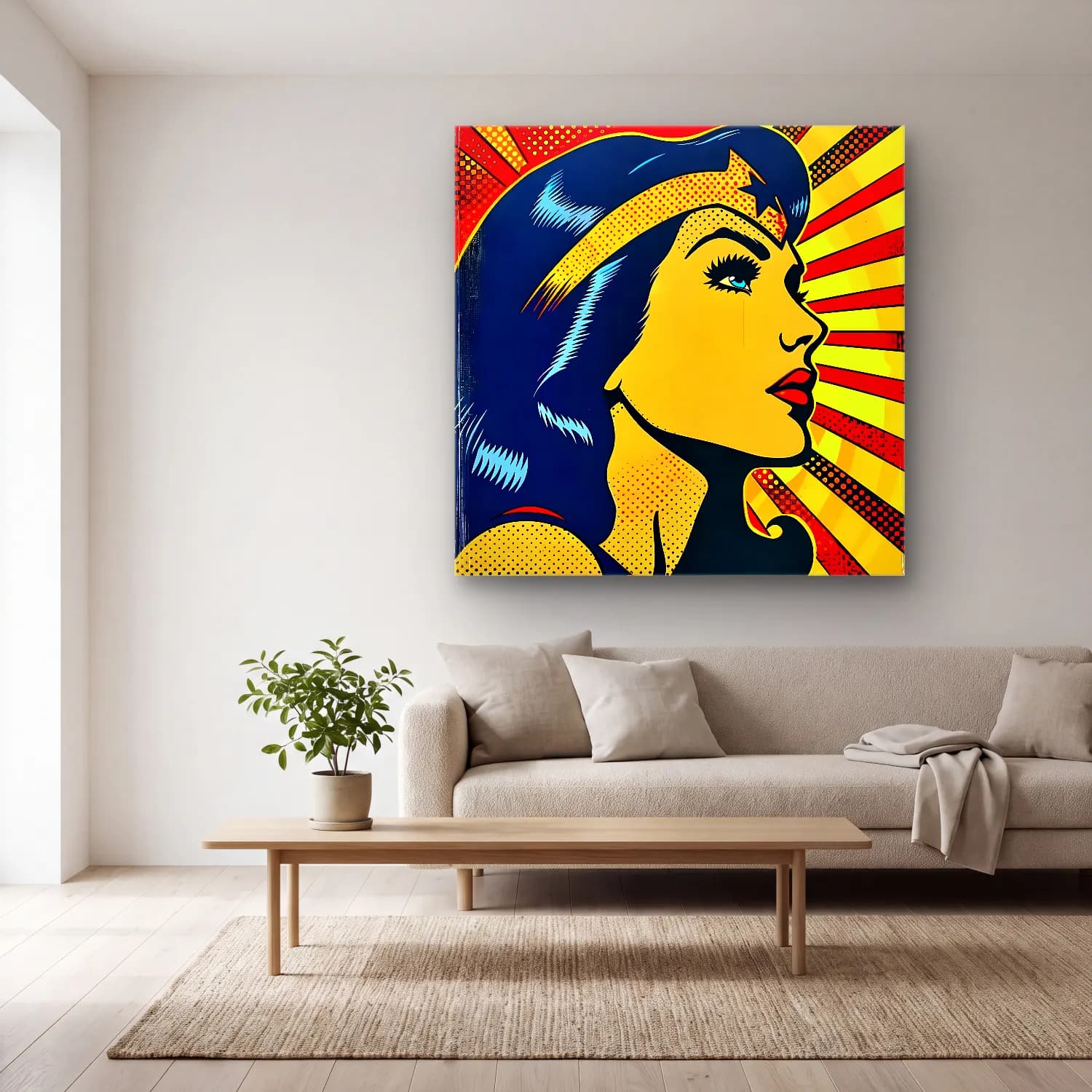 Pop Art Kadın Portresi No. 40 cam tablo — açık renk salonda