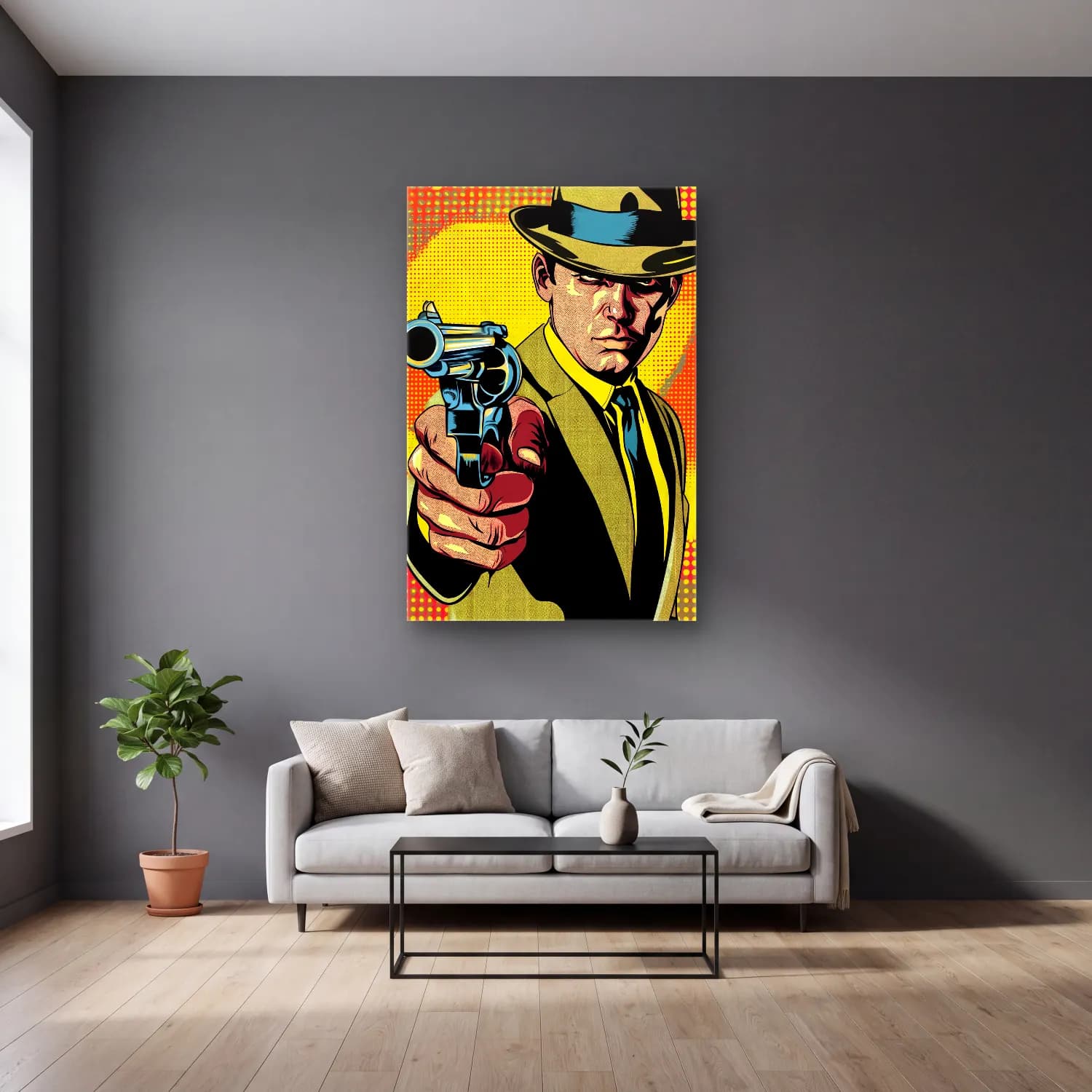 Pop Art Erkek Portresi – Sarı Tonlar cam tablo — gri duvarlı salonda