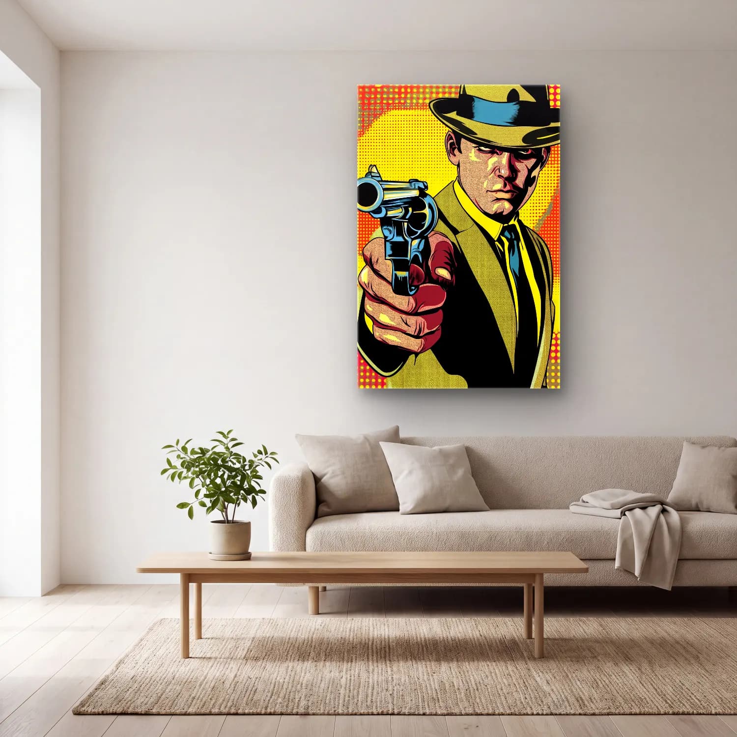 Pop Art Erkek Portresi – Sarı Tonlar cam tablo — açık renk salonda