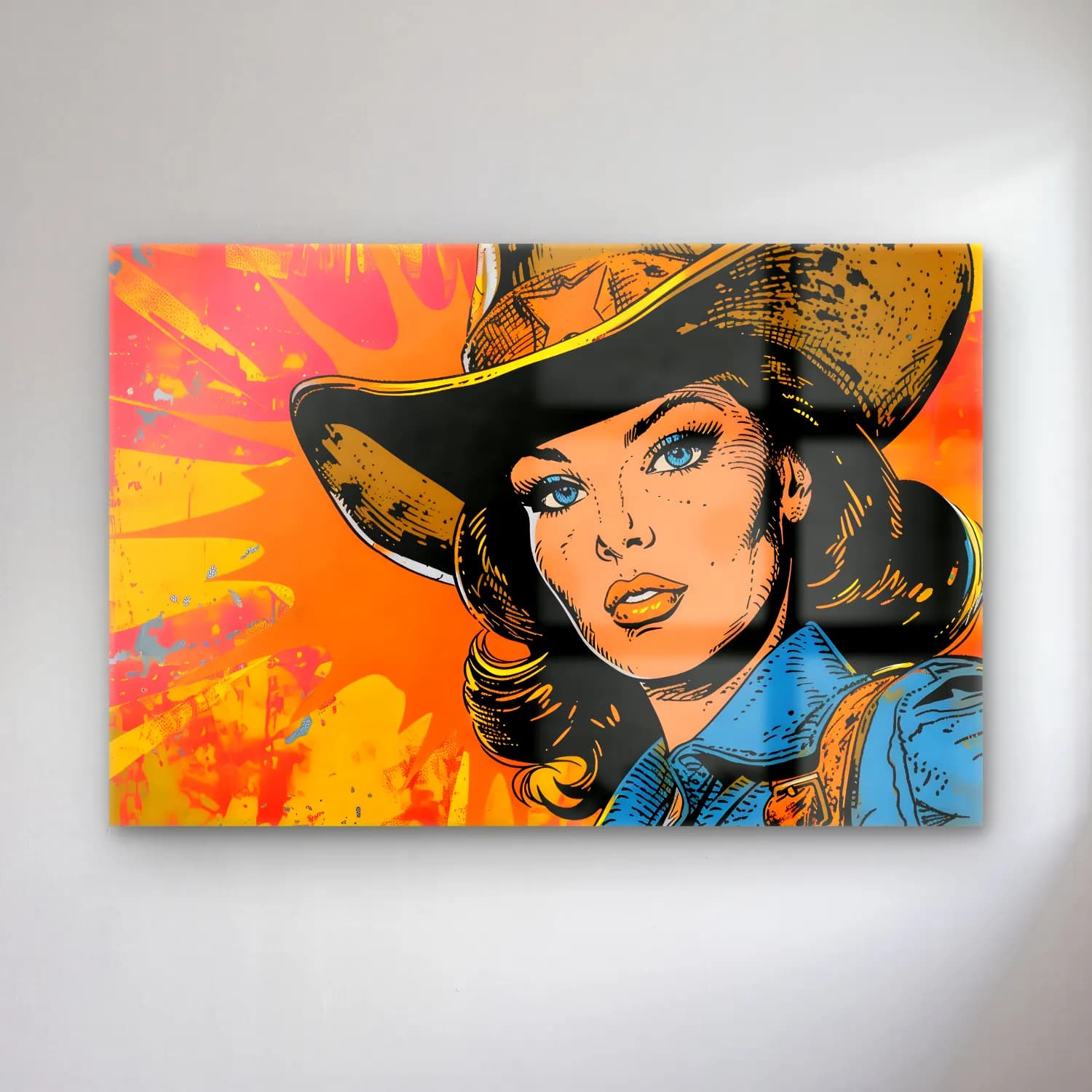 Pop Art Şapkalı Kadın – Turuncu Tonlar cam tablo — Pop Art Şapkalı Kadın – Turuncu Tonlar — pop art şapkalı kadın