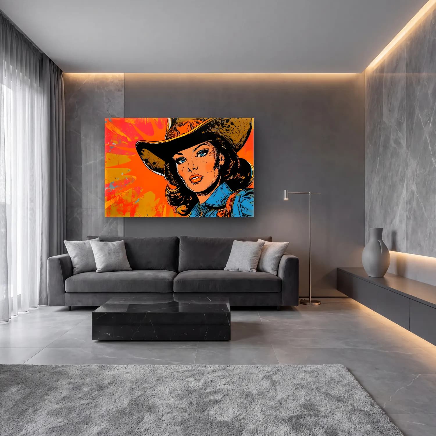 Pop Art Şapkalı Kadın – Turuncu Tonlar cam tablo — lüks salon duvarında