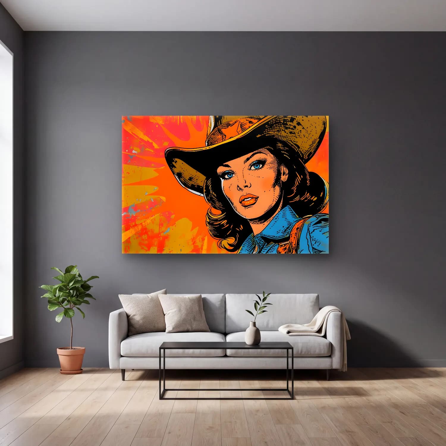 Pop Art Şapkalı Kadın – Turuncu Tonlar cam tablo — gri duvarlı salonda