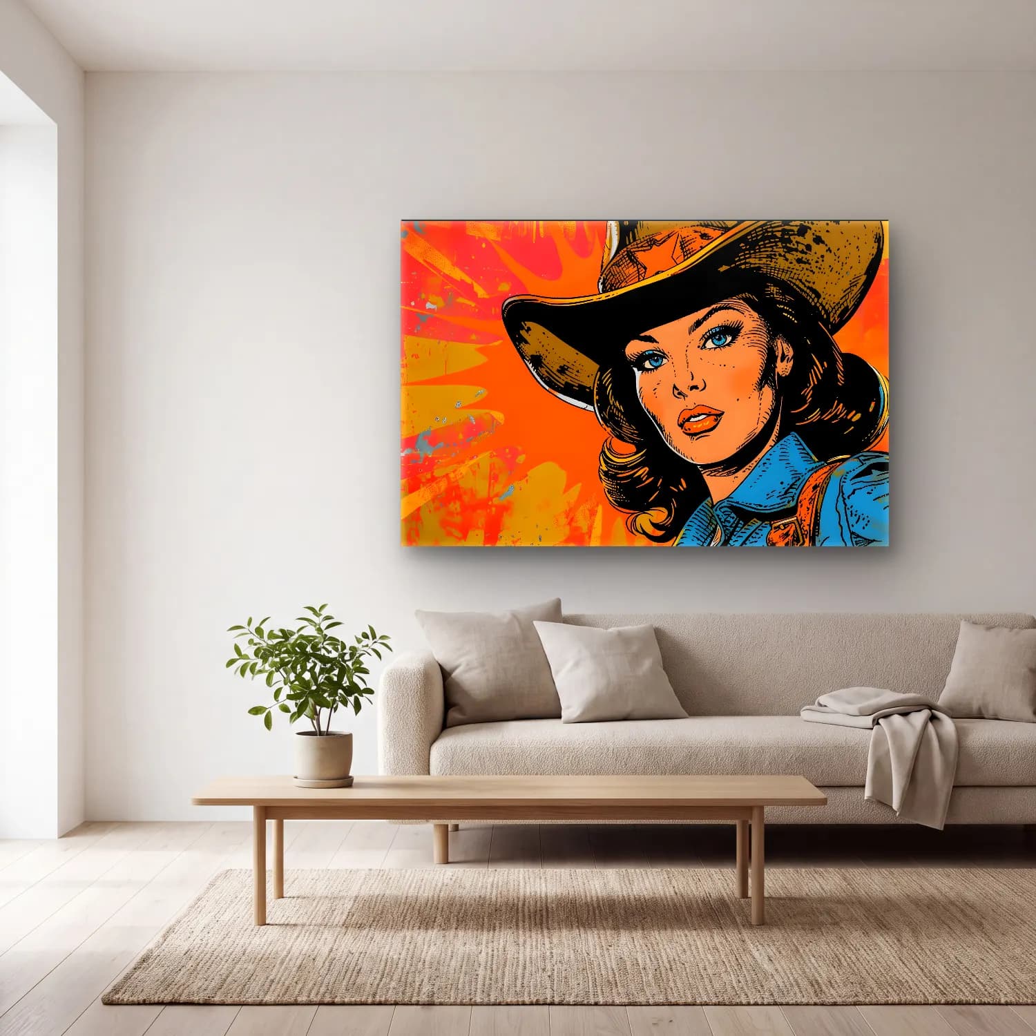 Pop Art Şapkalı Kadın – Turuncu Tonlar cam tablo — açık renk salonda